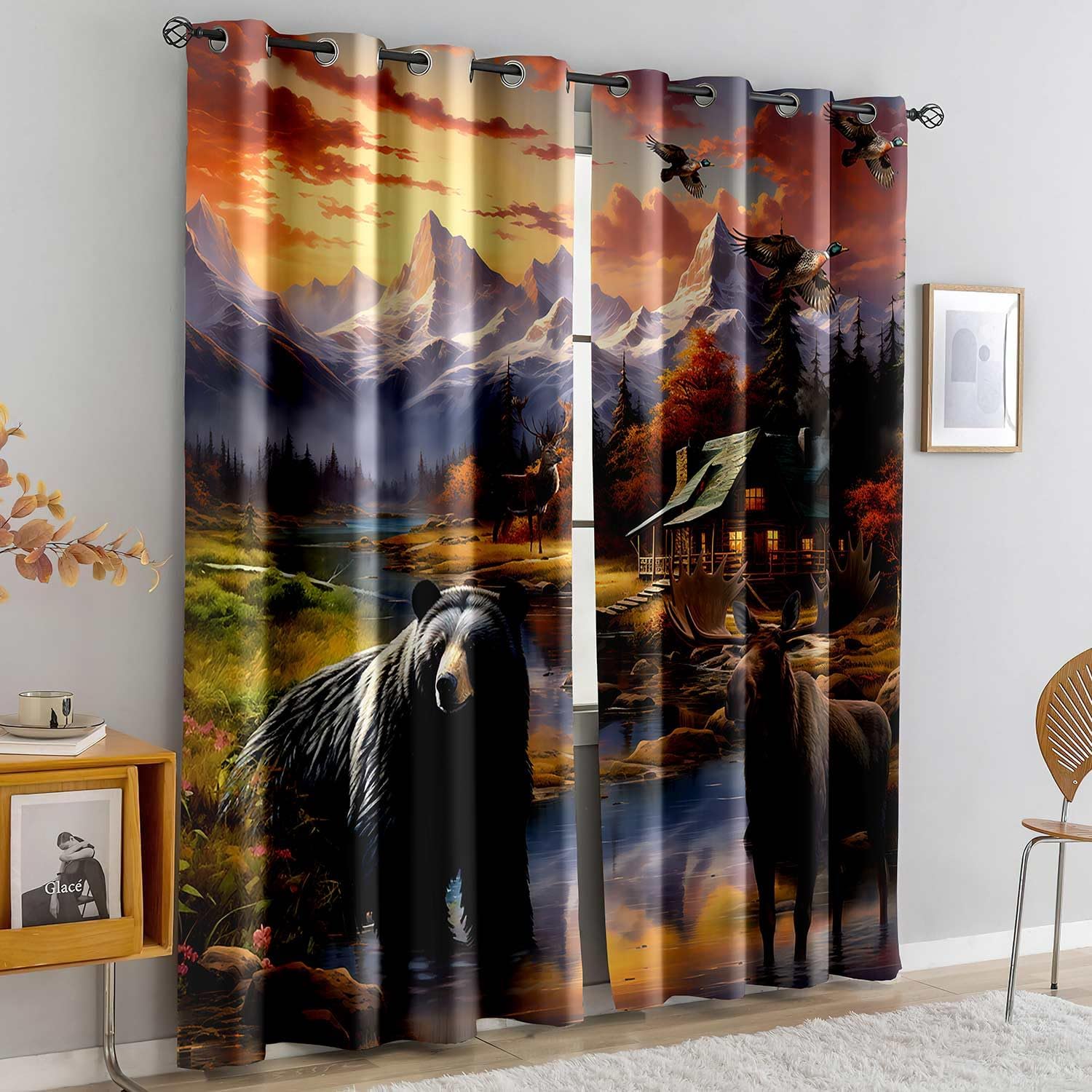 LUVIVIHOME Black Bear Moose Deer Curtains, Rustic Cabin Blackout Curtains for Bedroom, Forest Animal Wildlife Hunting Mallard Duck Country Farmhouse Room Decor Window Curtains 2 Panel Sets, 52x84 Inch