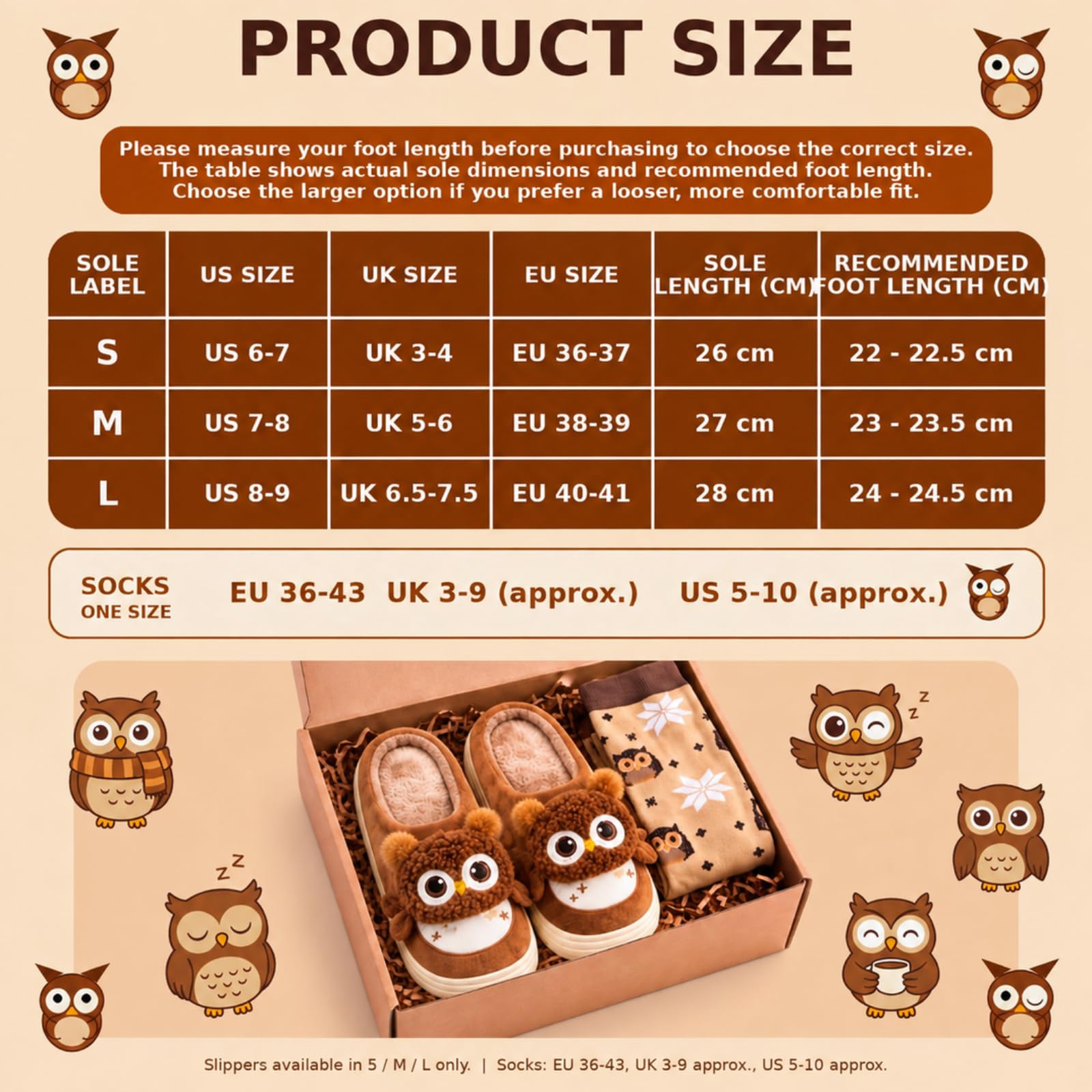 BBTO Set de Chaussons Chaussettes Hibou Idée Cadeau Femme Noël Soirée Pyjama Hiver Chaussons Chauds Antidérapants Doux Confortables pour Intérieur Extérieur(38-39)