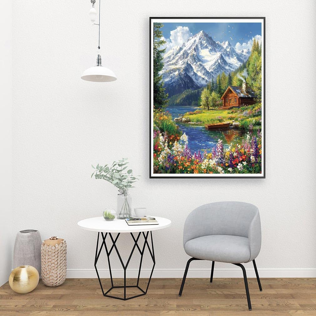LWZAYS Mountain Paint by Numbers Kit for Adults Beginner, Cabin Adult Paint by Number Kits on Canvas, Mountain Landscape Acrylic Paint by Number Kit for Gift Decor - 16x20Inch