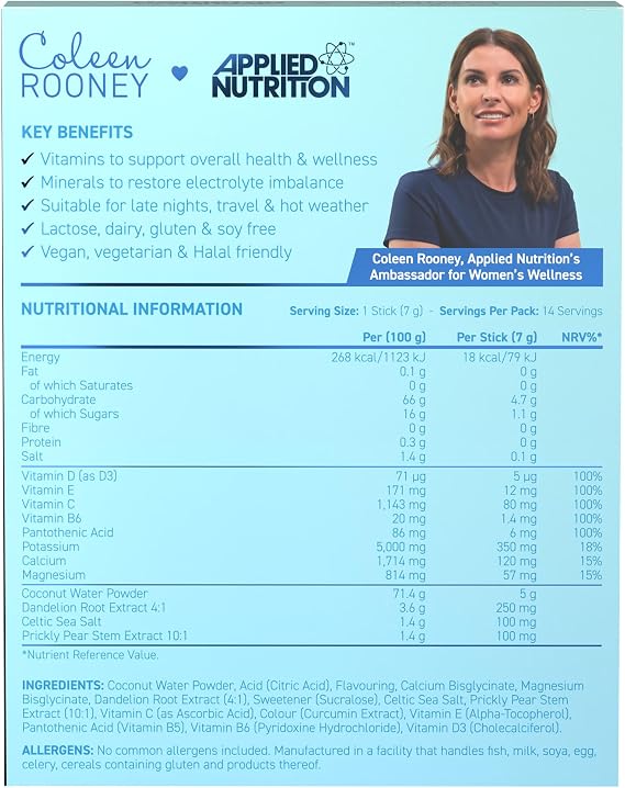 Applied Nutrition - Coleen Rooney - Hydration Powder - Coconut Water Infused - Best Electrolyte Drink Mix - Best Travel Hydration Sachets - Rapid Hydration Formula - (14 Sachets - 7g Each) (Citrus)
