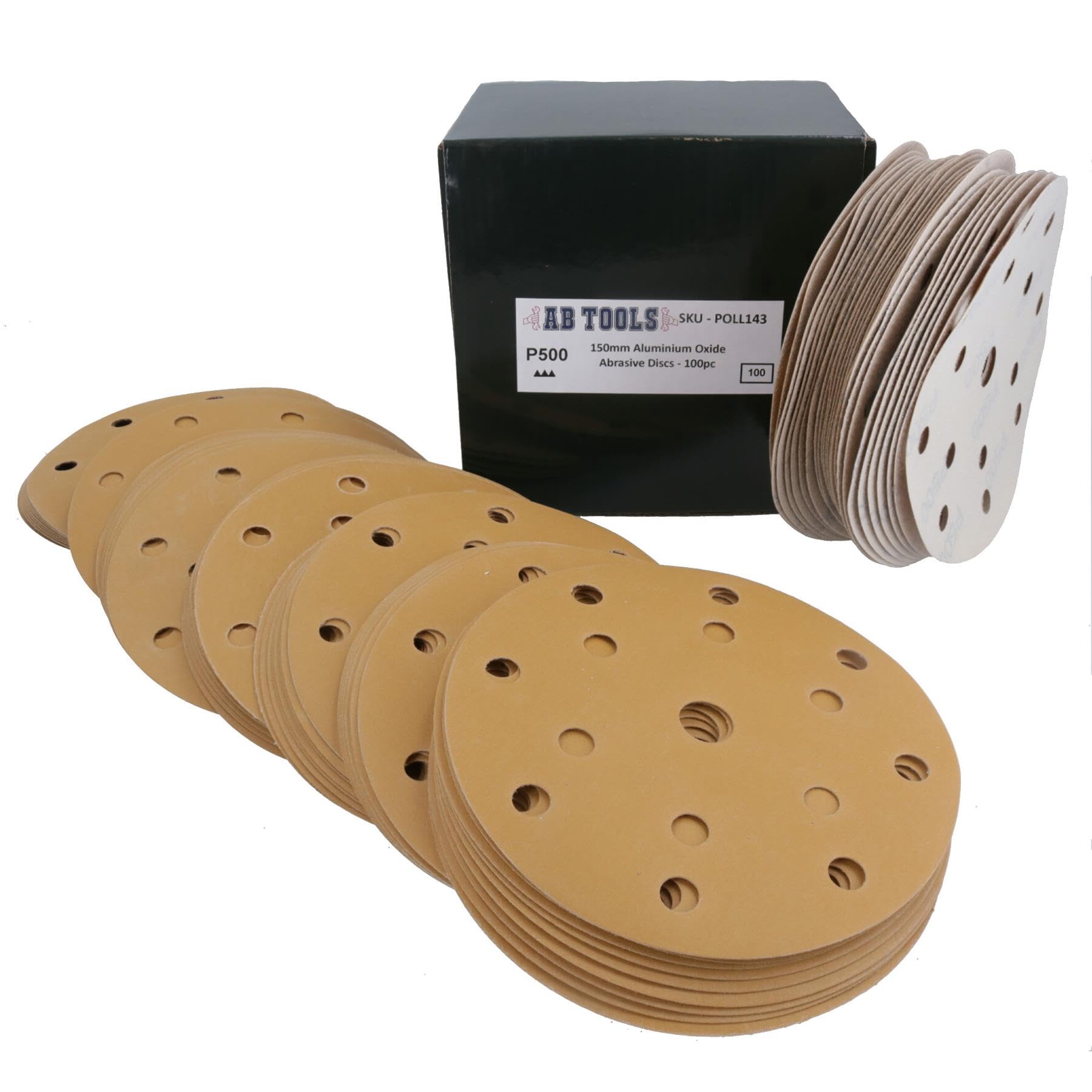 Discos de lijado de 150 mm, óxido de aluminio abrasivo, grano 500, gancho de 15 agujeros + bucle, 200 unidades