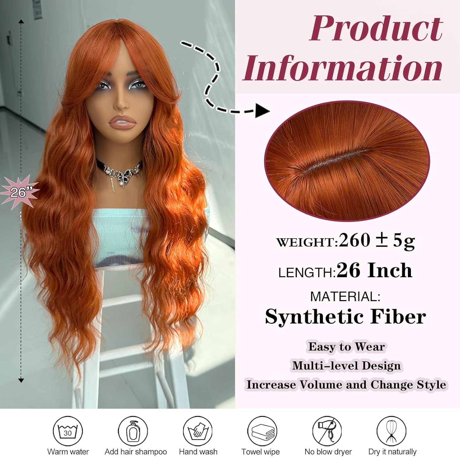 LEOSA Long Orange Wig with Curtain Bangs,26 Inch Ginger Wavy Layered Wigs for Women,Synthetic Heat Resistant Orange Wig For Daily Cosplay Party Use - Image 7
