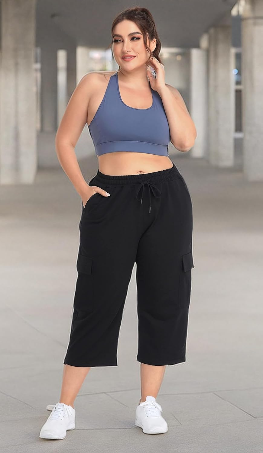 ZERDOCEAN Women's Plus Size Cargo Capri Sweatpants Active Workout Casual Sweat Crop Pants Pockets Drawstring - Image 6