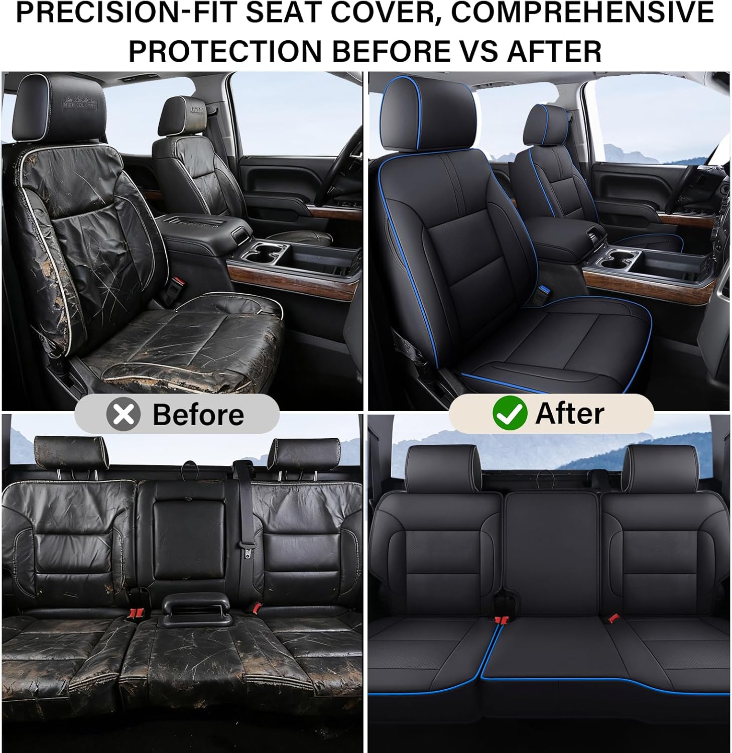Coverado Chevy Silverado Seat Covers Full Set, Faux Leather Car Seat Covers Fit for 2014-2018 1500, 2015-2019 2500HD 3500HD Chevy Silverado GMC Sierra Crew Double Extended Cab(Blueline)