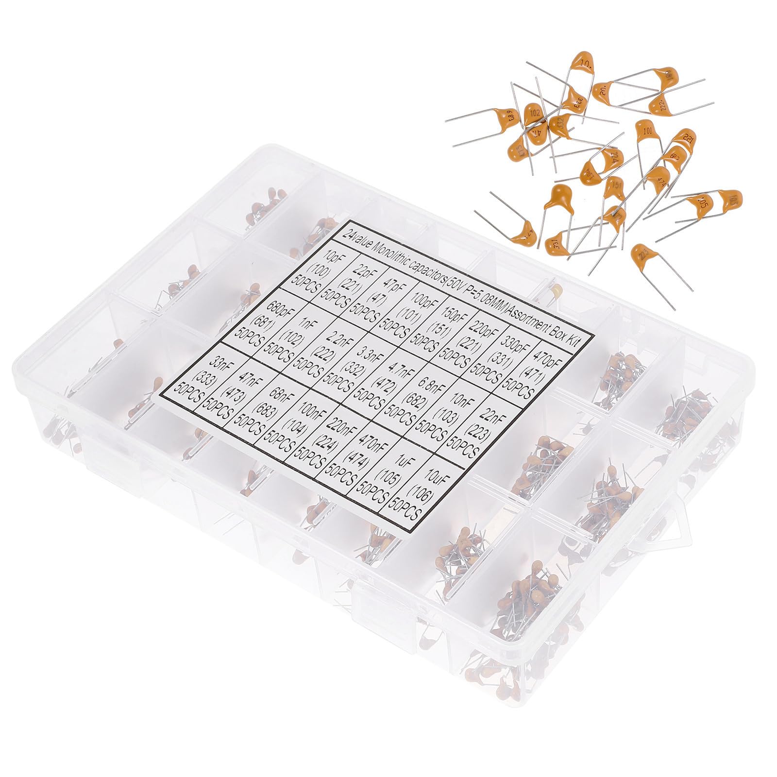 Kit de Condensadores Cerámicos Monolíticos y Capacidad de 10pf a 10uf, Almacenamiento Organizado 1200 Piezas Caja Resistente para Equipos de Audio y Fuentes de Alimentación