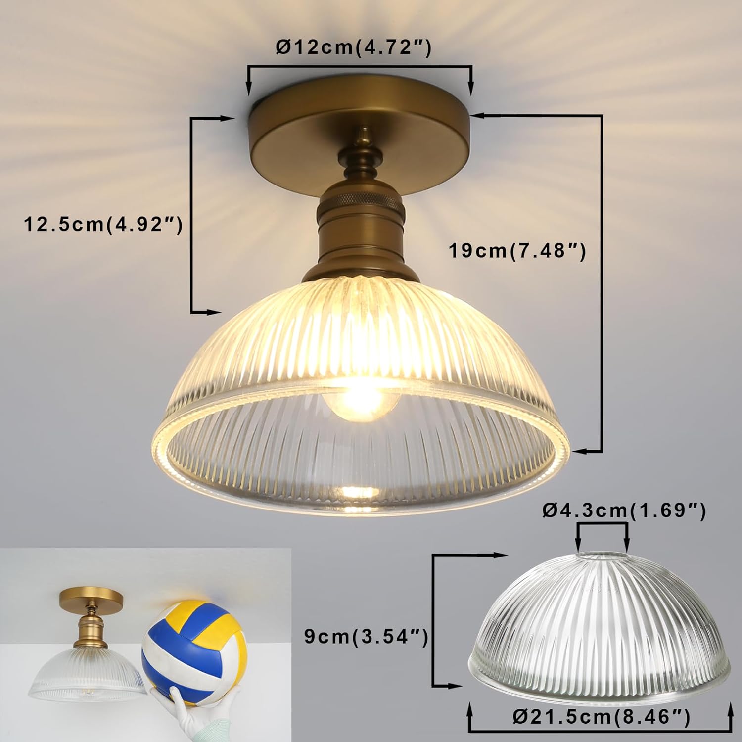 Yosoan 1-Light Vanity Indoor Hallway Ceiling Light, Flush Mount Single Modern Hardwired Vintage Industrial Retro Clear Striped Bowl Shade Farmhouse Lamp for Corridor Kitchen Bathroom Bedroom(Antique)