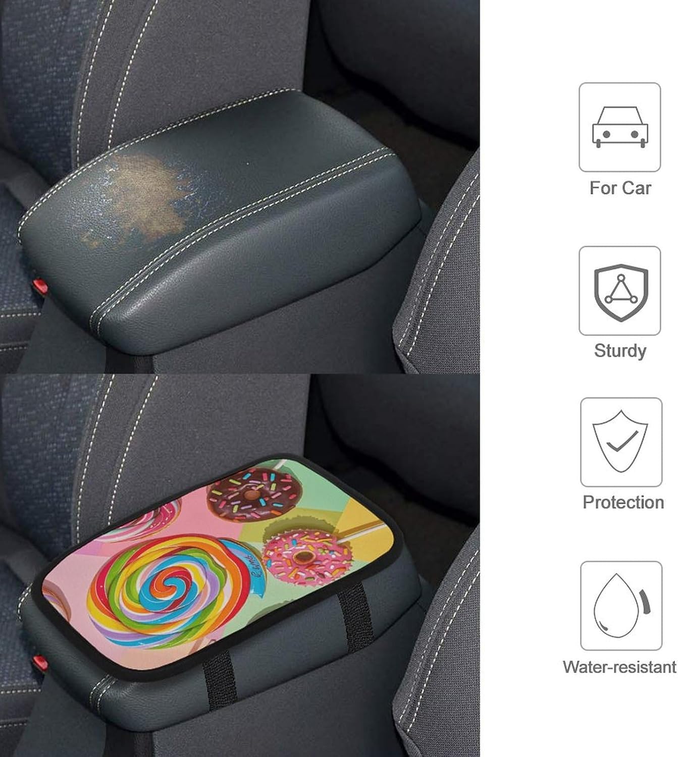 Colorful Sweet Donut Car Armrest Cover Auto Center Console Pad Car Accessories Non Slip Soft Armrest Seat Box Cushion Waterproof Vehicle Armrest Protector for SUV Truck Car image 4