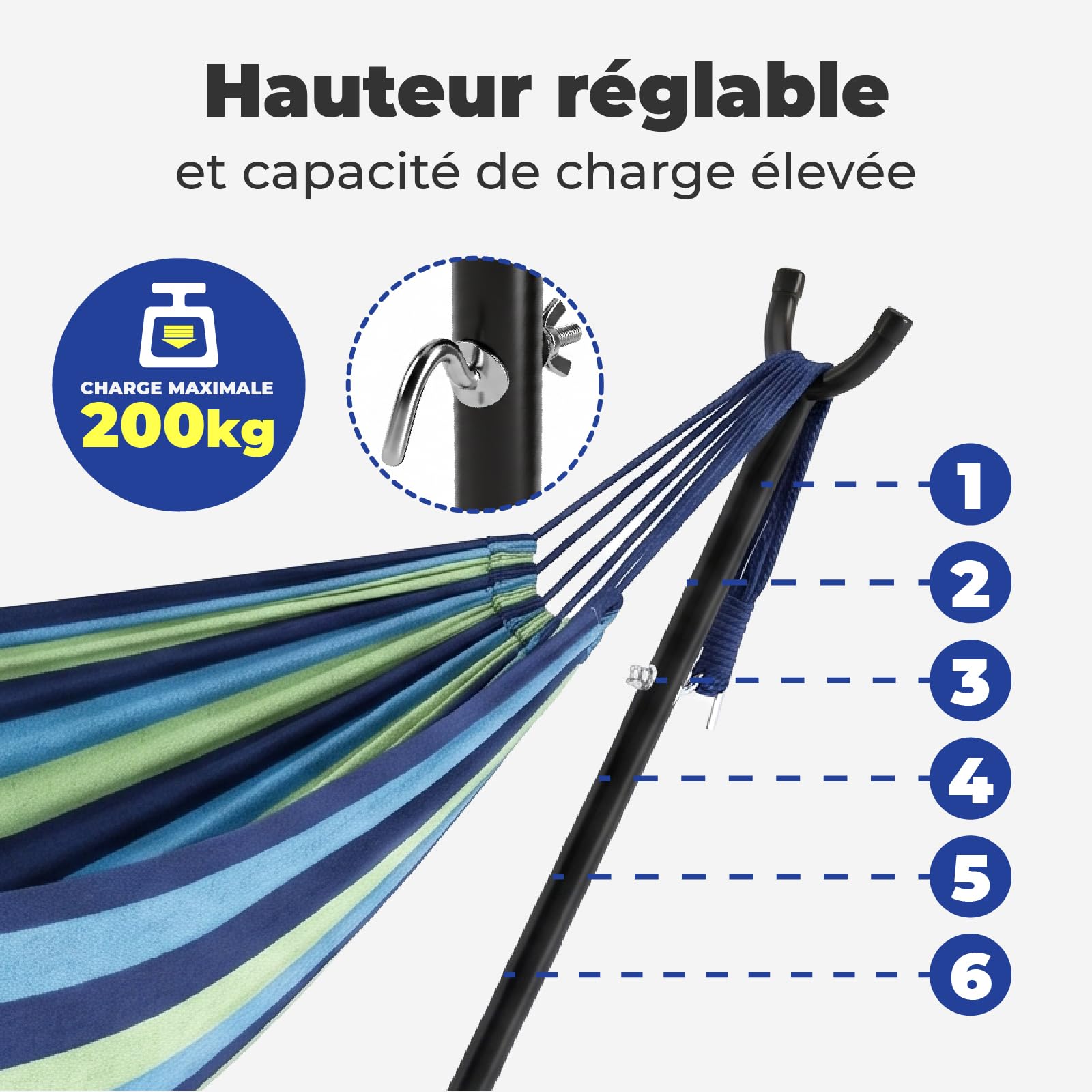 Support hamac Exterieur, Base en Tubes carrés améliorée pour Une stabilité Accrue, Hauteur réglable Il Existe 6 Niveaux de Hauteur réglables, 260L x 97B x 109H cm