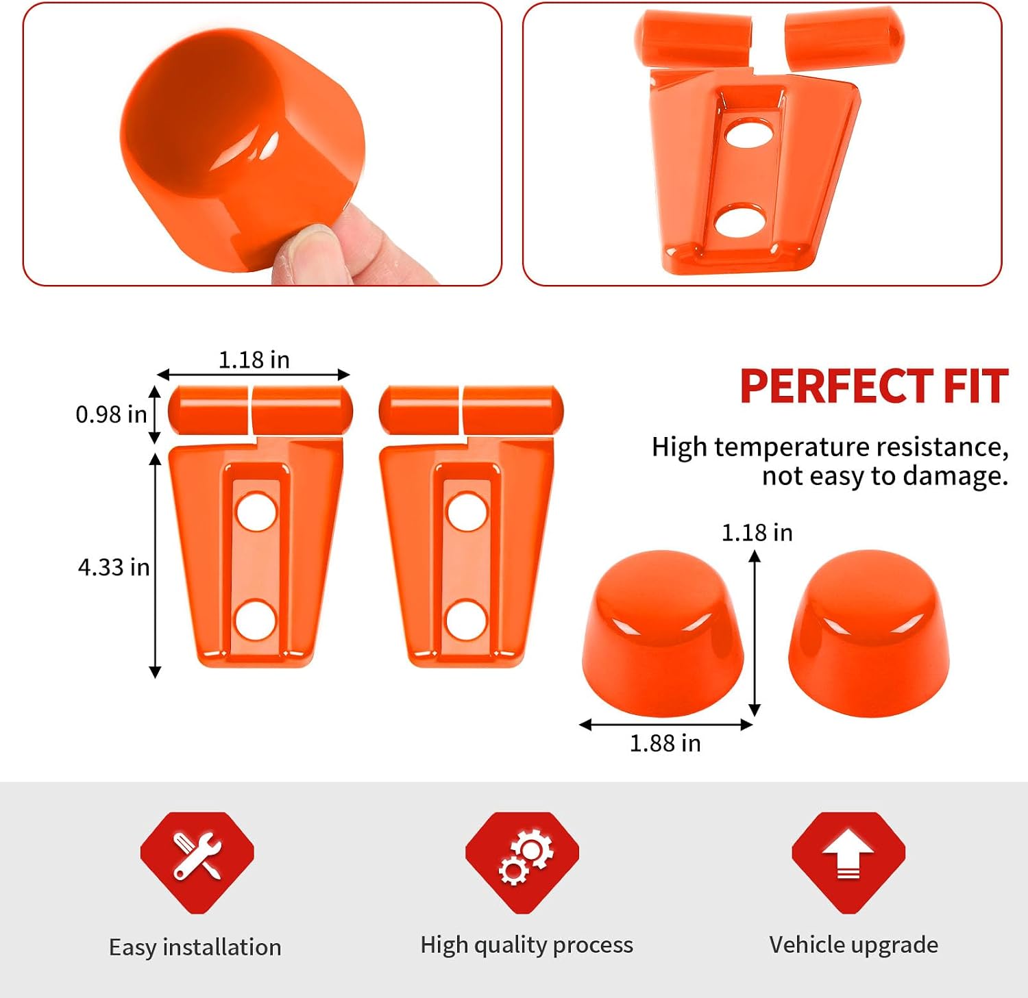 Jimen Fit for Jeep Wrangler JK JKU 2007-2018, 8PCS Hood Hinge Cover & Plastic Hood Bumper Caps Trim (Orange)