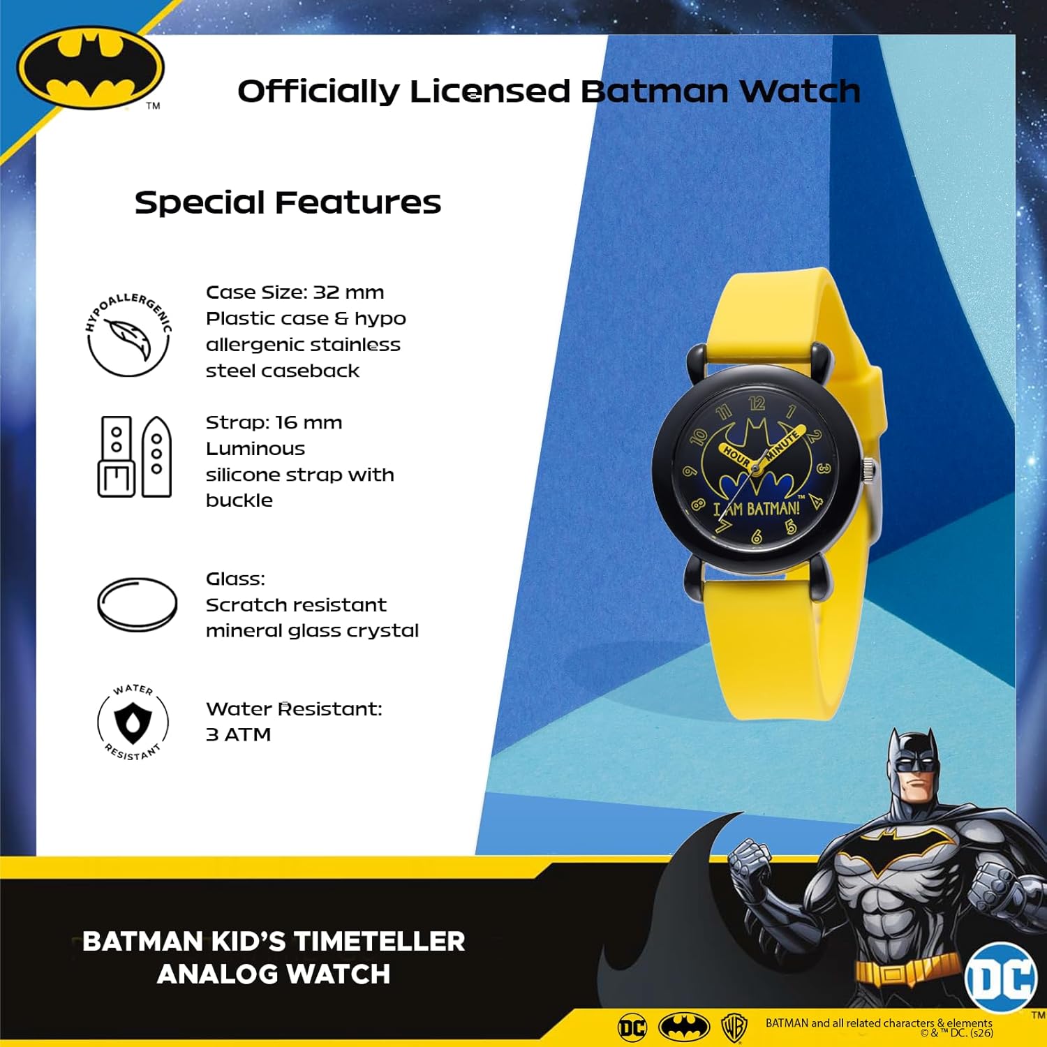 Warner Brothers DC Comics Batman Watch for Kids Ages 4–7 – Featuring Luminous Character Dial, Easy-Read Hour & Minute Hands – Batman and Robin Toys – Watches for Toddlers