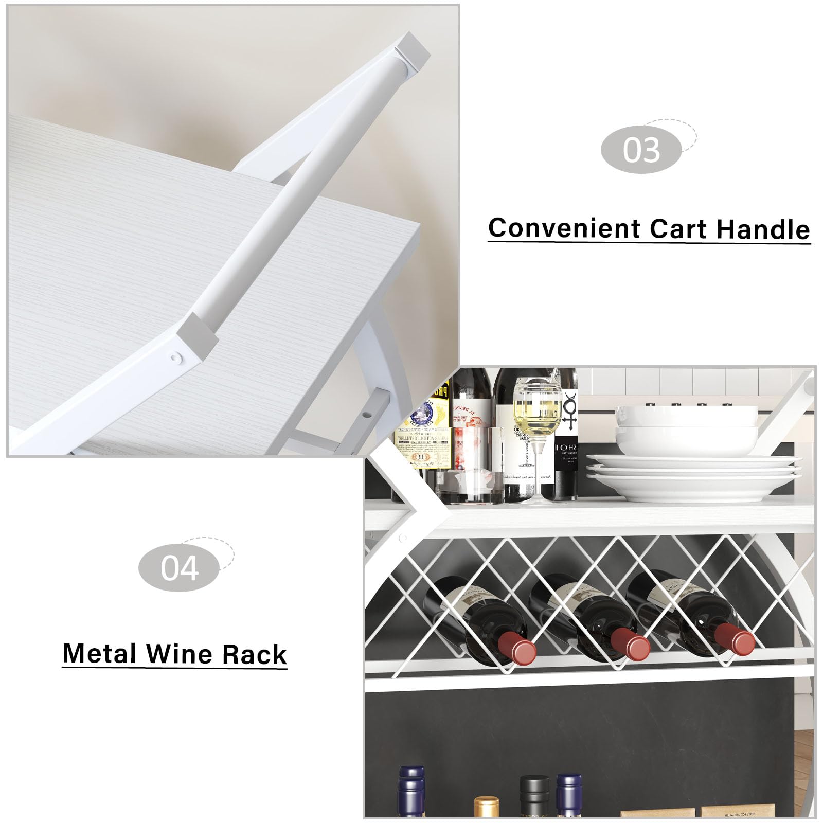 LVB Carrello Portabevande Bianco, Carrello Bar Moderno con Ruote, Mobile per Vino/Cucina, Design Elegante con Ripiano, Adatto a Soggiorno o Dining
