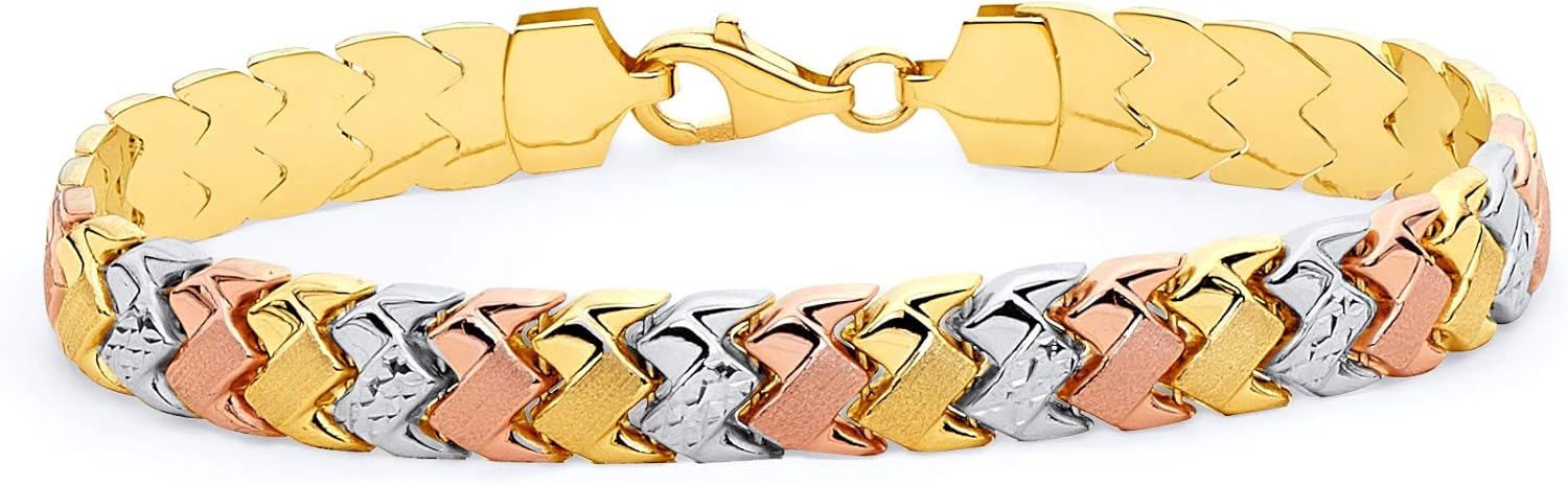 14k REAL Tri Color Gold Diamond Cut Stampato Bracelet with Lobster Claw Clasp - 7.25"