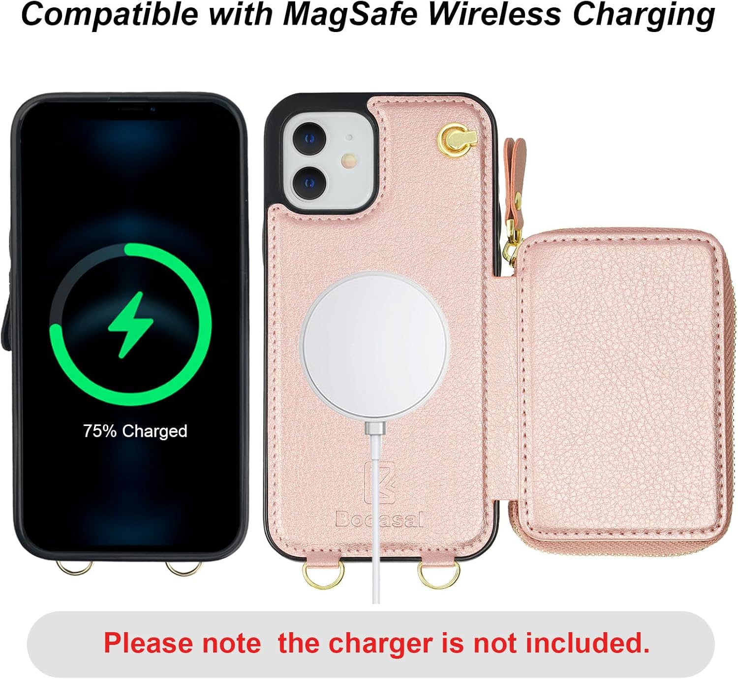 Bocasal for MagSafe Crossbody Wallet Case Compatible with iPhone 12/12 Pro, RFID Blocking Protective Purse Case with Card Slots Holder Kickstand Wrist Strap Lanyard Zipper 6.1 Inch 5G (Rose Gold)