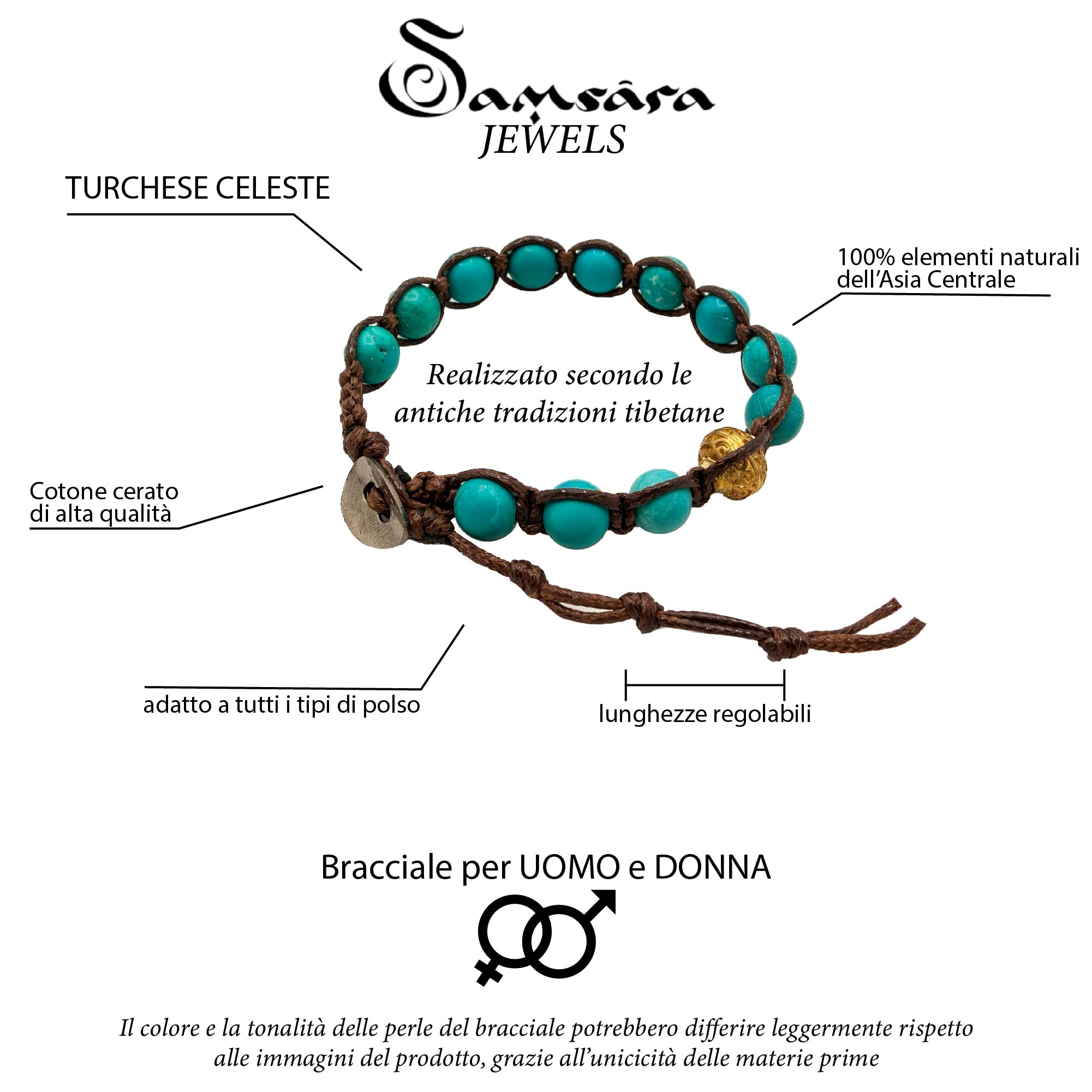 Samsara Pulsera tibetana budista - Shamballa con piedra turquesa celestial - Hilo de algodón encerado, Algodón Piedra, Turquesa Celeste