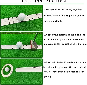 MAZEL Golf Putting Alignment Rail,Alloy Steel Golf Trainer Aid for Putting Green,35 * 1.6 Inch,Precision Distance Control & Instant Feedback (Putting Alignment Rail, Putting Ring, Practice Ball)