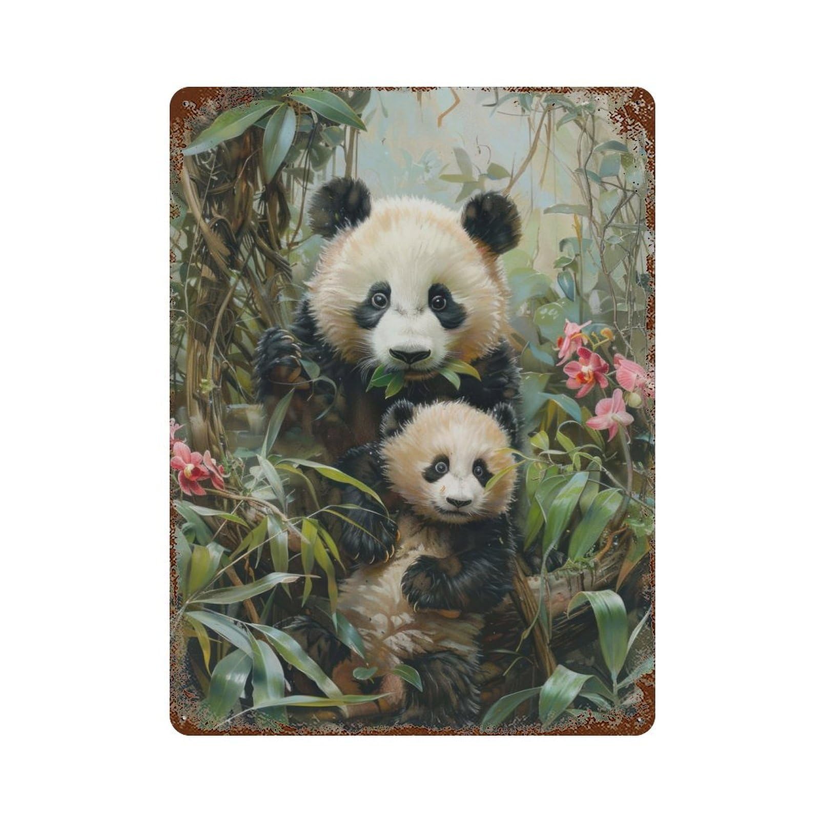 Pandas And Orchids Vintage Wall Sign 15.7"x11.8", Rust Effect Metal Decor for Cafe, Home Bar And Lounge Decor