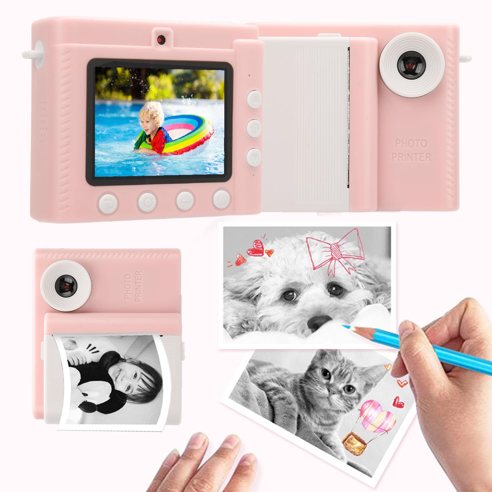 Drukarka do Aparatu dla Dzieci, Podwójny Obiektyw 8x Cyfrowy Zoom, Ekran 2,8 Cala, Autofokus, Druk, 3 Bułki, ładowne, Chłopcy i Dziewczęta (PINK)