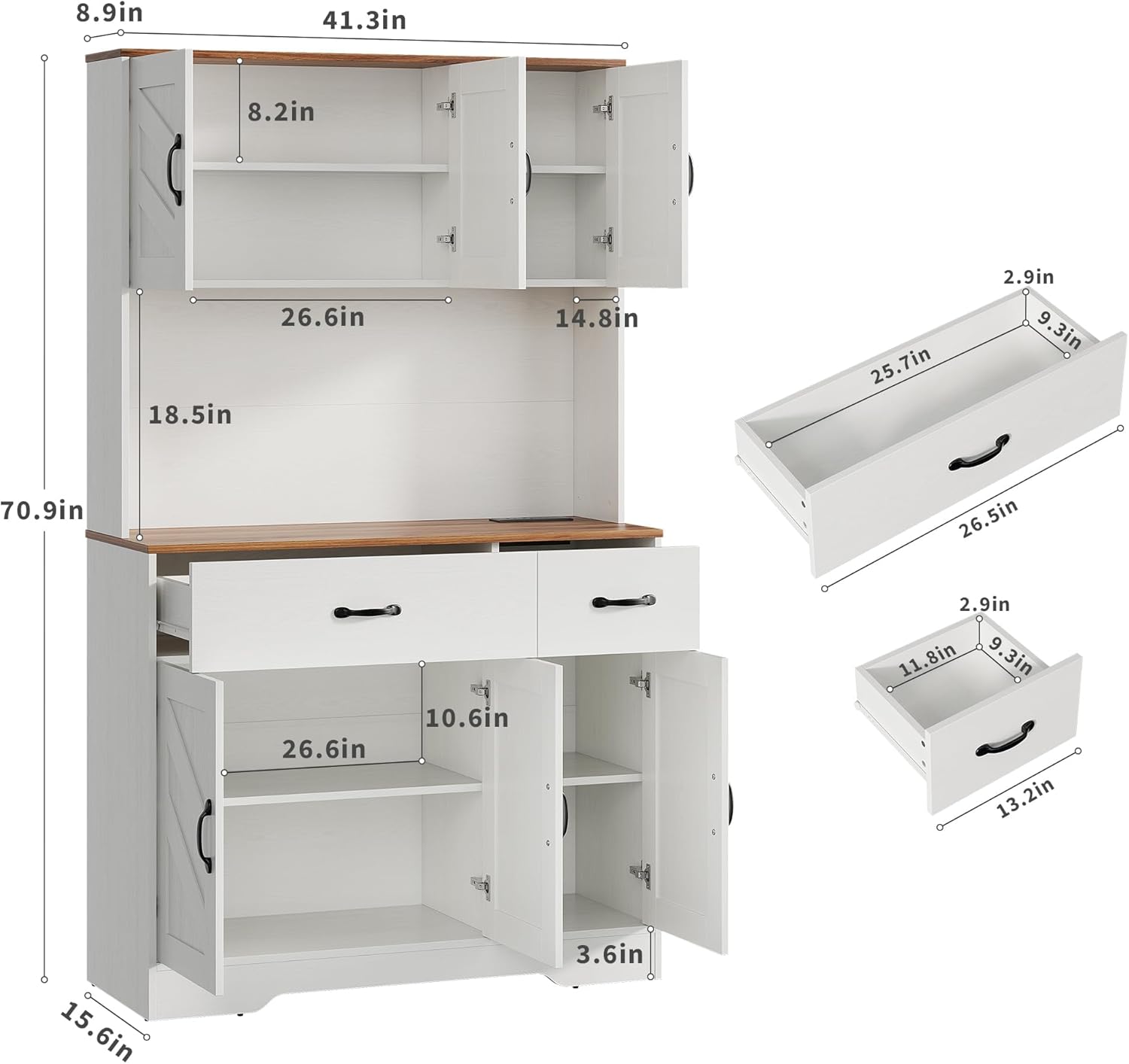 GarveeHome 71" Pantry Cabinet with Charging Station, Tall Kitchen Pantry Storage Cabinet with Microwave Stand, Farmhouse Kitchen Hutch with Countertop & 2 Drawers for Living Room, Dining Room, White