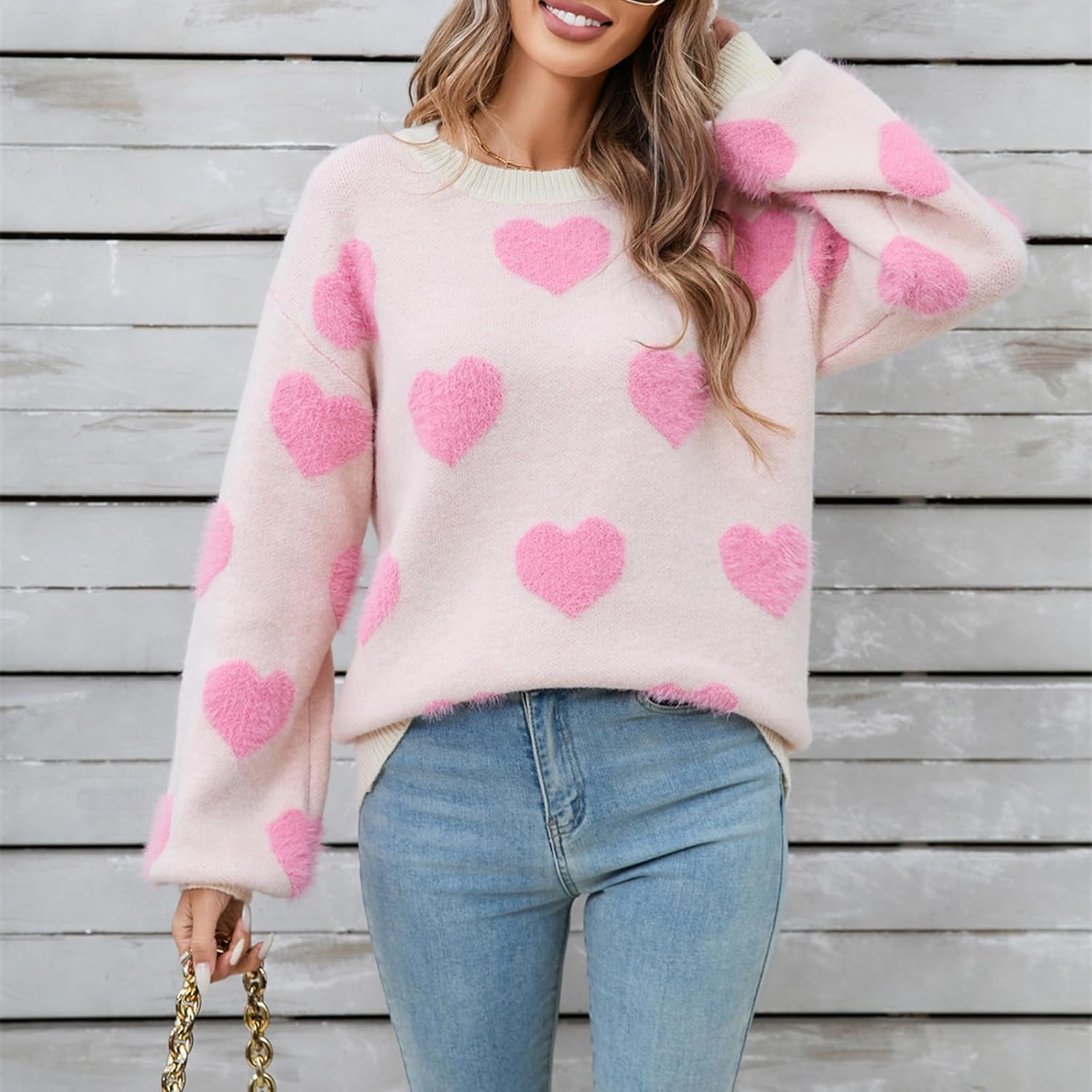 Heart Print Sweater for Women Valentine's Day Long Sleeve Oversized Pullover Sweater Y2K Knit Top - Image 2