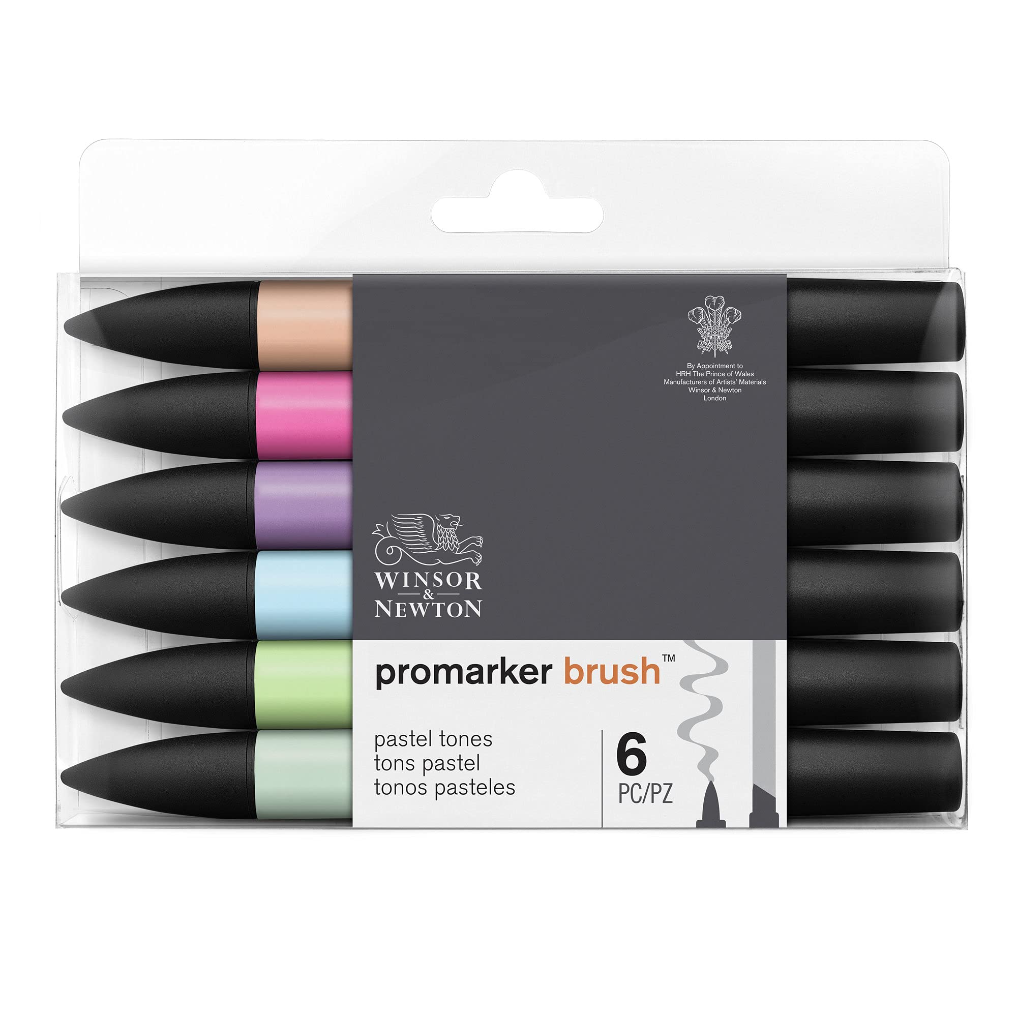 Winsor & Newton, Promarker Brush, Pastel Tones, Set of 6, Alcohol Based Dual Tip Markers