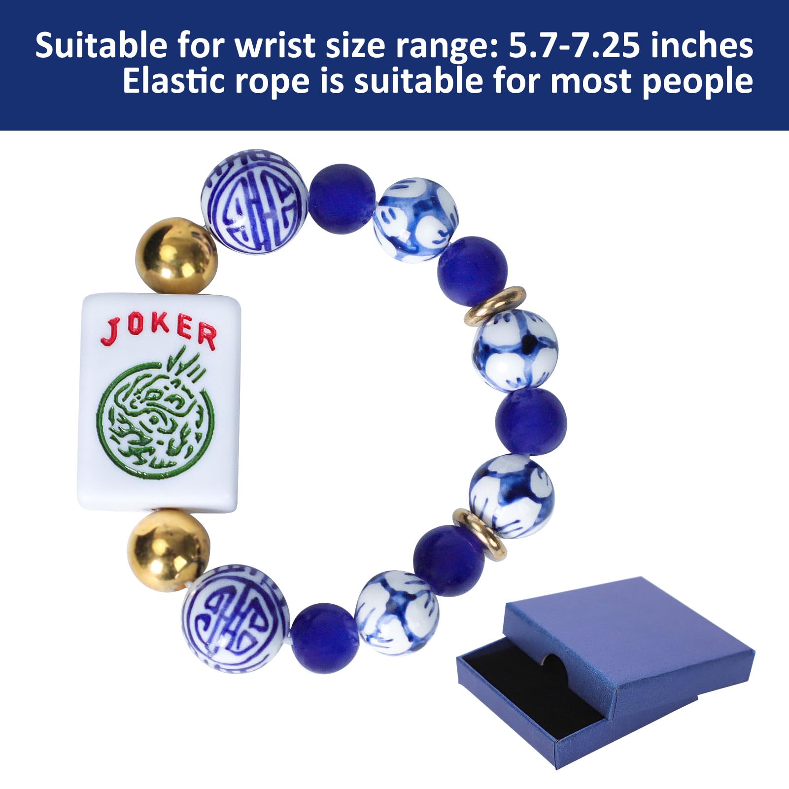 American Mahjong Accessoire de mahjong Bleu avec une tuile Joker Convient aux poignets de 14 à 18 cm
