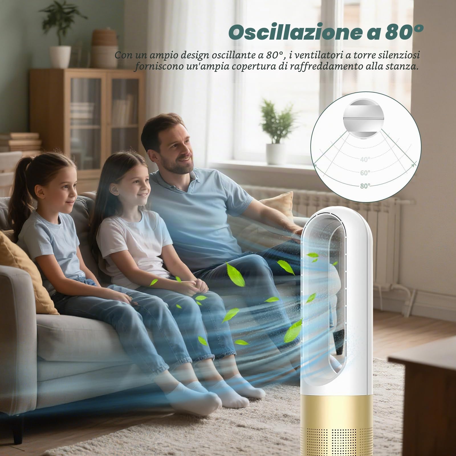Ventilatore a colonna senza pale da 45,7 cm, ventilatore silenzioso con ionizzatore, telecomando da 5 m, 8 velocità, timer 8 ore e oscillazione 80°, ventilatore a piantana per camera da letto