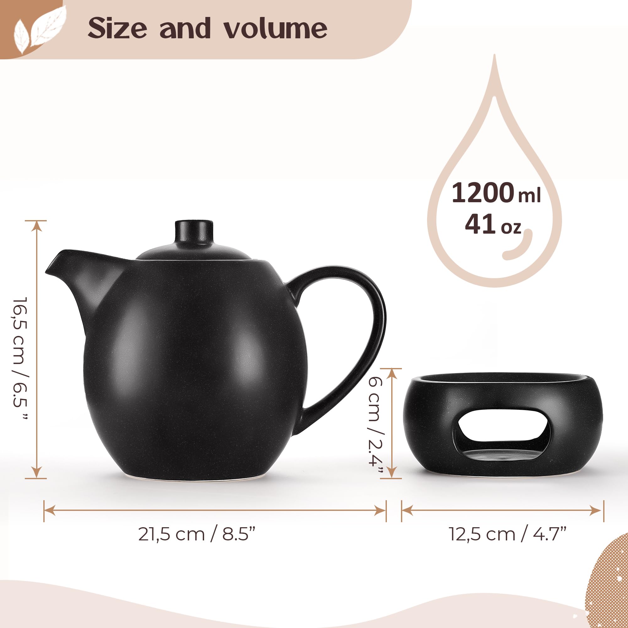 Teapot with warmer set - 1.2 l - with strainer insert - Tea Pot - Teapot - Accessories - Ceramic - Black with candle warmer - Tea pot - Image 4