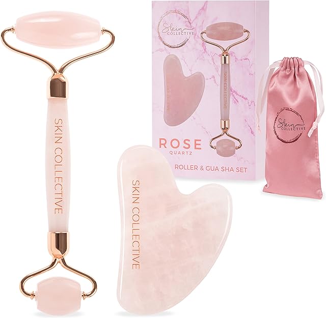 Jade Roller and Gua Sha Set - 100% Natural Rose Quartz Roller  Gua Sha Tools That are Perfect for Skin Care, Facials, Anti Aging, Rosacea, Dark Circles and Puffy Eyes, by Skin Collective