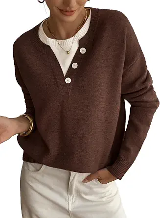 Women's Casual Henley Neck Long Sleeve Pullover Sweater