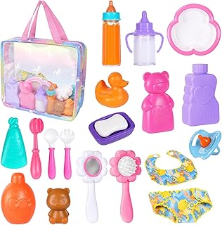 Aolso 20 Pcs Baby Doll Accessories Toy Set, Include Magic Baby Doll Milk Bottle and Dummy, Spoons and Forks and Dinner Pla...