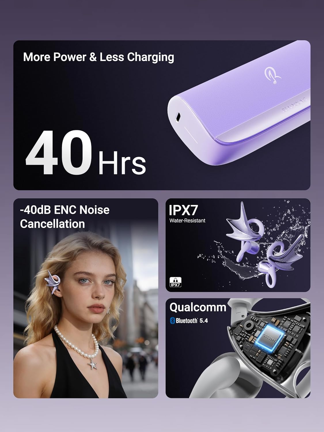REAL YOUNG H700 Open-Ear Headphones, Jewelry-Inspired Secure Earhook Earbuds, Premium Sound, Deep Bass, Wireless Bluetooth 5.4, 2-Mic Clear Calls, IPX7, 40H, for Fashion, Gift for Women (Violet)