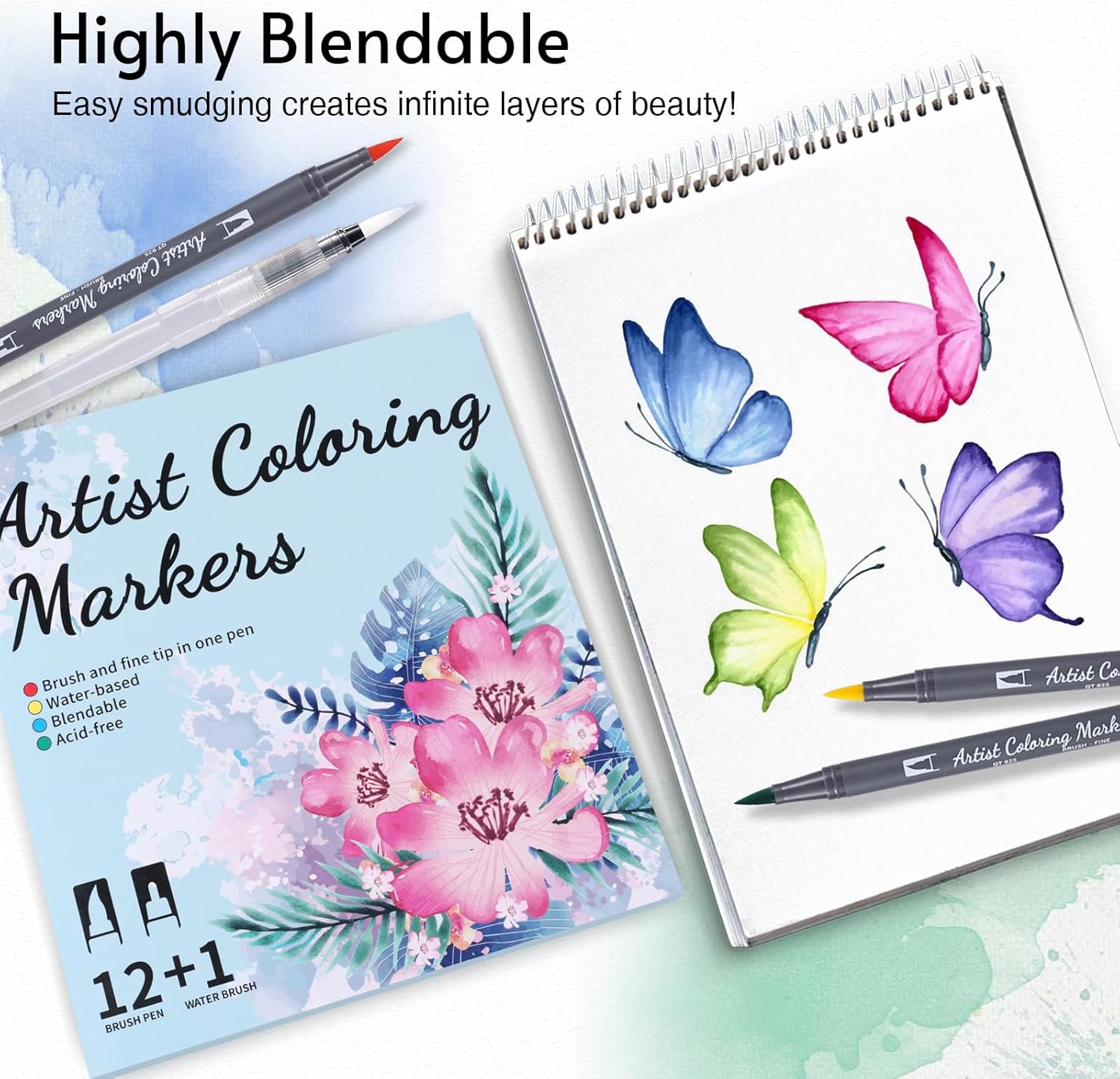 12 Colors Blendable Watercolor Markers for Adults 2025 Professional Double Tip Paint Pens with 1 Water Brush Pen Water Based Coloring Pens Drawing Markers Set with Flexible Brush Tip - Image 6