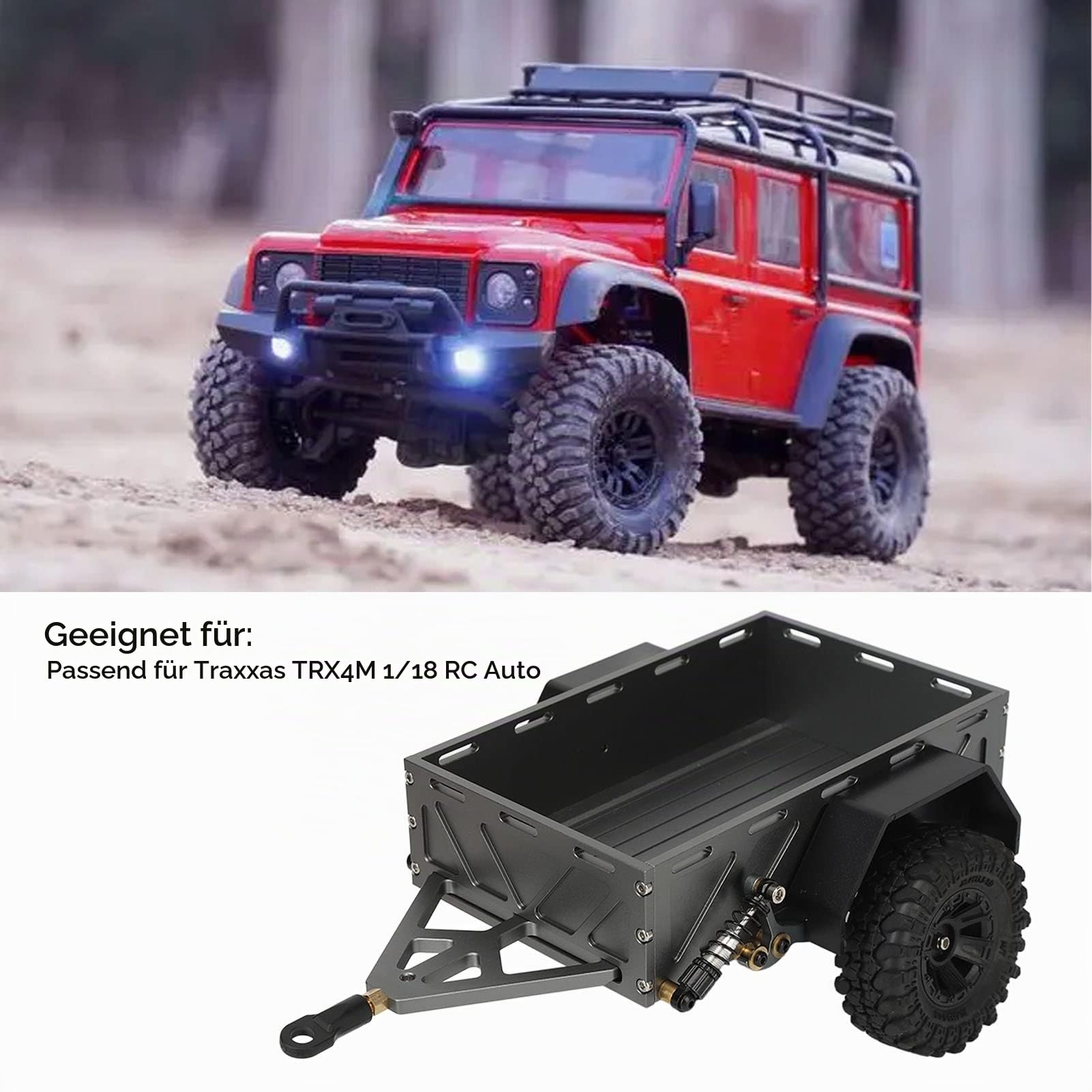 Tonysa 1/18 RC Auto Anhänger, Wasserdichter Hitch Anhänger mit Gummireifen, Fernsteuerbarer Anhänger aus Aluminiumlegierung, Simuliertes Styling für 1/18 RC Fahrzeuge, Schwarz