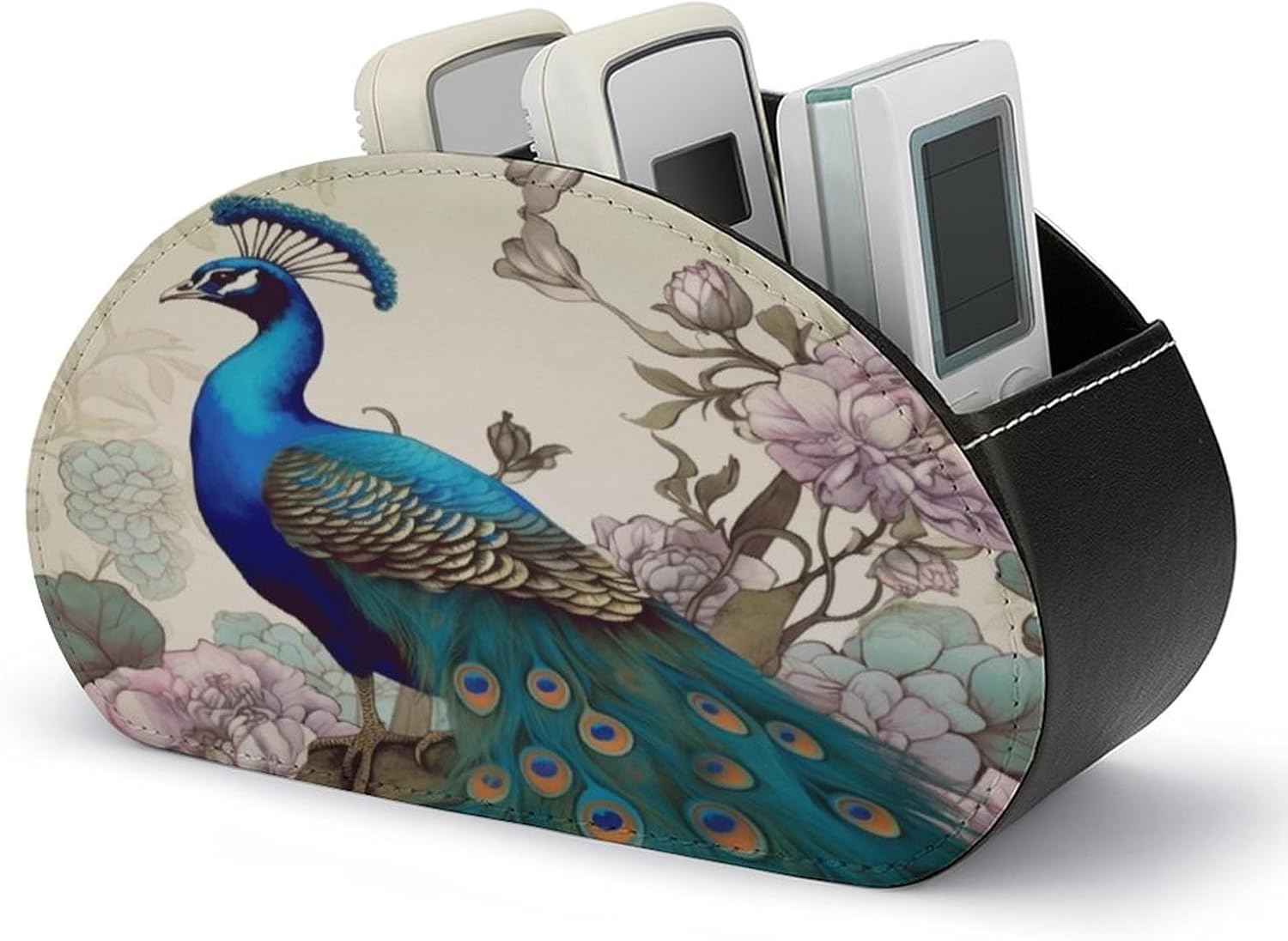 Peacock Floral PU Leather Remote Control Holder with 5 Compartments