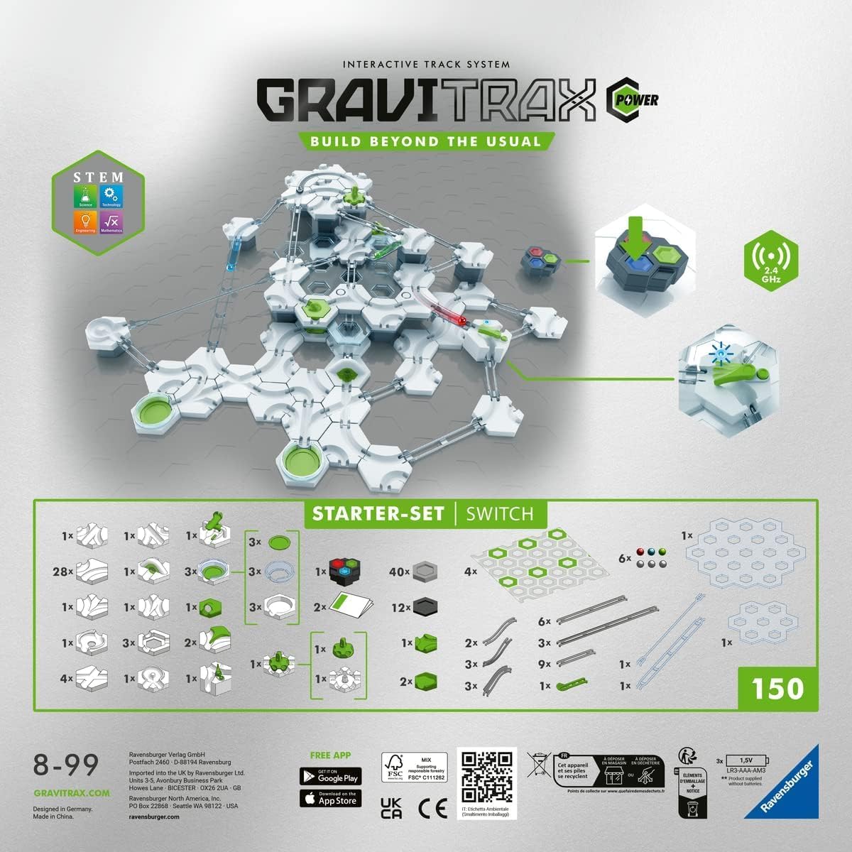 Back of Gravitrax POWER Starter Set Switch box showing included components and battery information