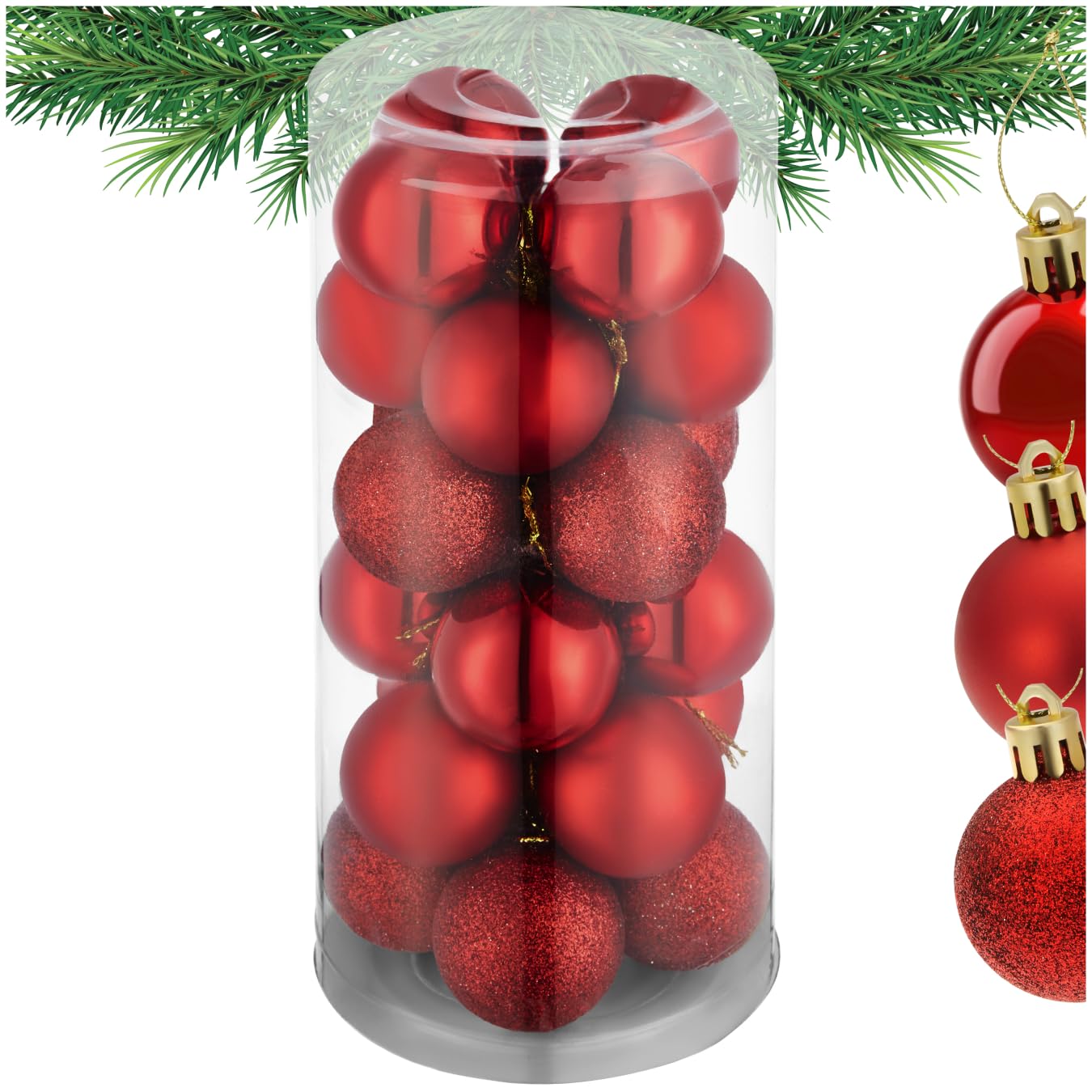tectake® 24er Set bruchsichere Weihnachtskugeln Skandi Style, Baumschmuck, Christbaumkugeln rot Plastik, mit Matter, glänzender und glitzernder Oberfläche, inkl. Weihnachtskugel-Aufhänger