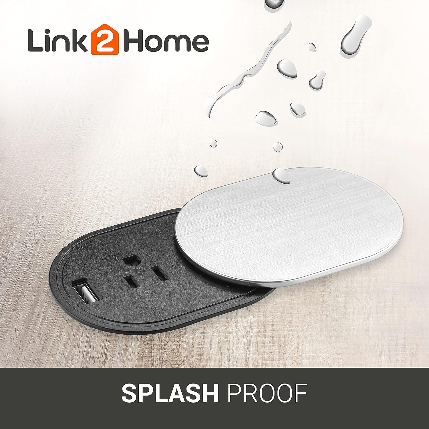 Link2Home 2 Pack Space Saver Grommet Socket with USB, 1 Power Outlet 15A, 1 USB Port 2.4A Fast Charge, Splash Resistant, and Stainless-Steel Finish