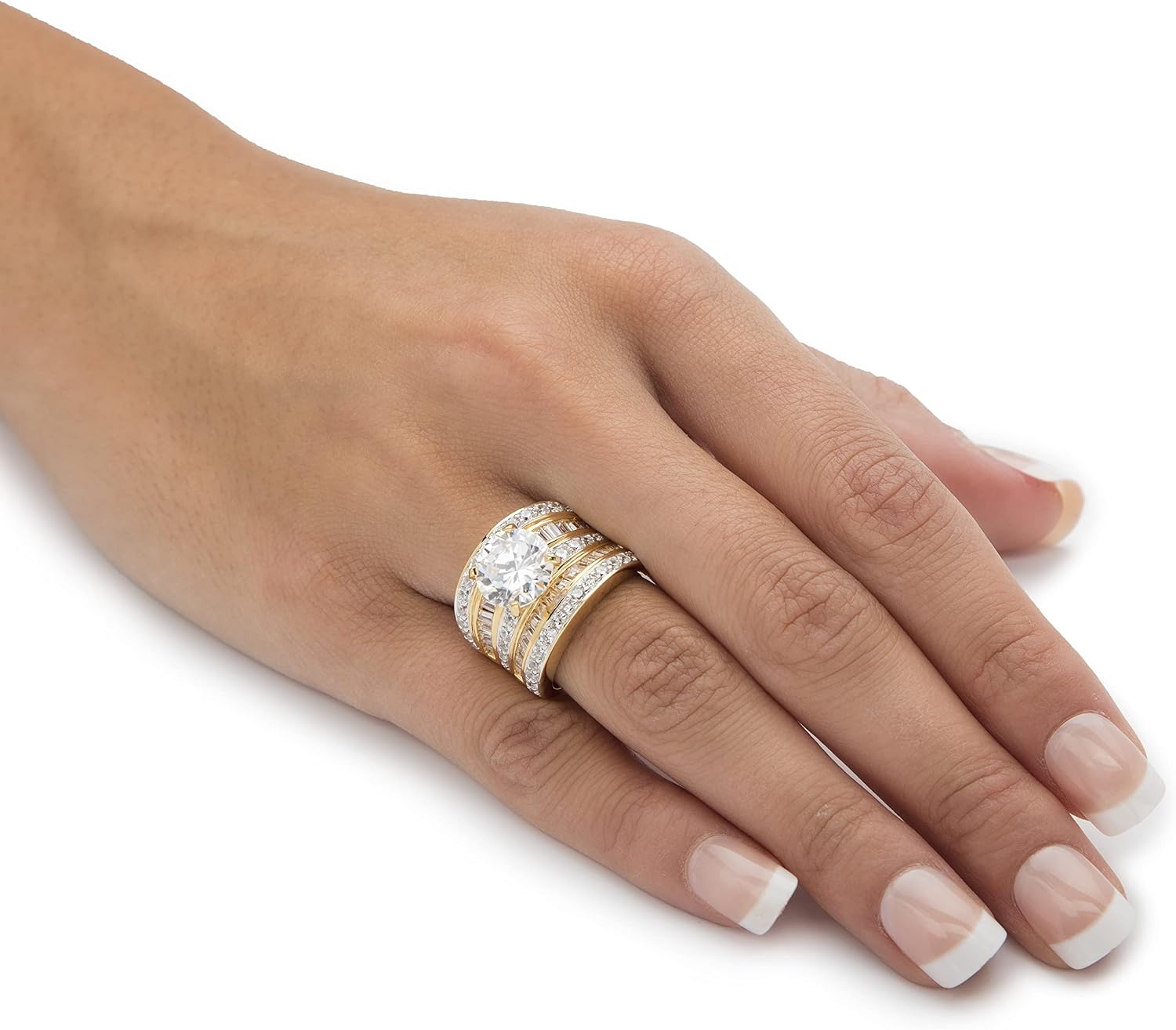 14K Yellow Gold over Sterling Silver Round Cubic Zirconia Multi Row Scoop Engagement Ring