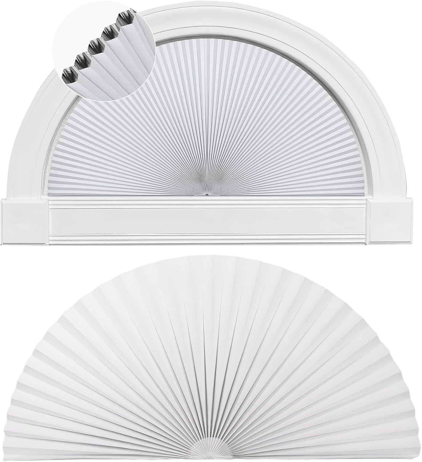 2 PCS Half Circle Window Shade, Arch Window Shade, Radius 17.7 Inches, Blackout Shades, Cordless and No Drilling Required, Half Moon Honeycomb Blinds for Windows Easy Install (White)