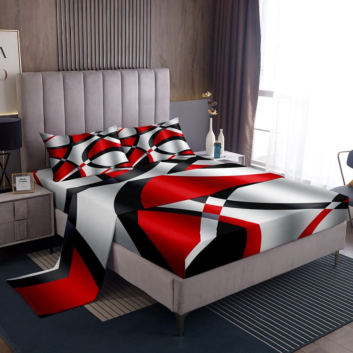 Homemissing Multicolored 17 Red Geometric Sheets With Deep Pocket Fitted Sheet Geometric Circle Swirl Sheet Set Red And White Abstract Bed Sheets Set Retro Circle Bedding Set Bed Set Double