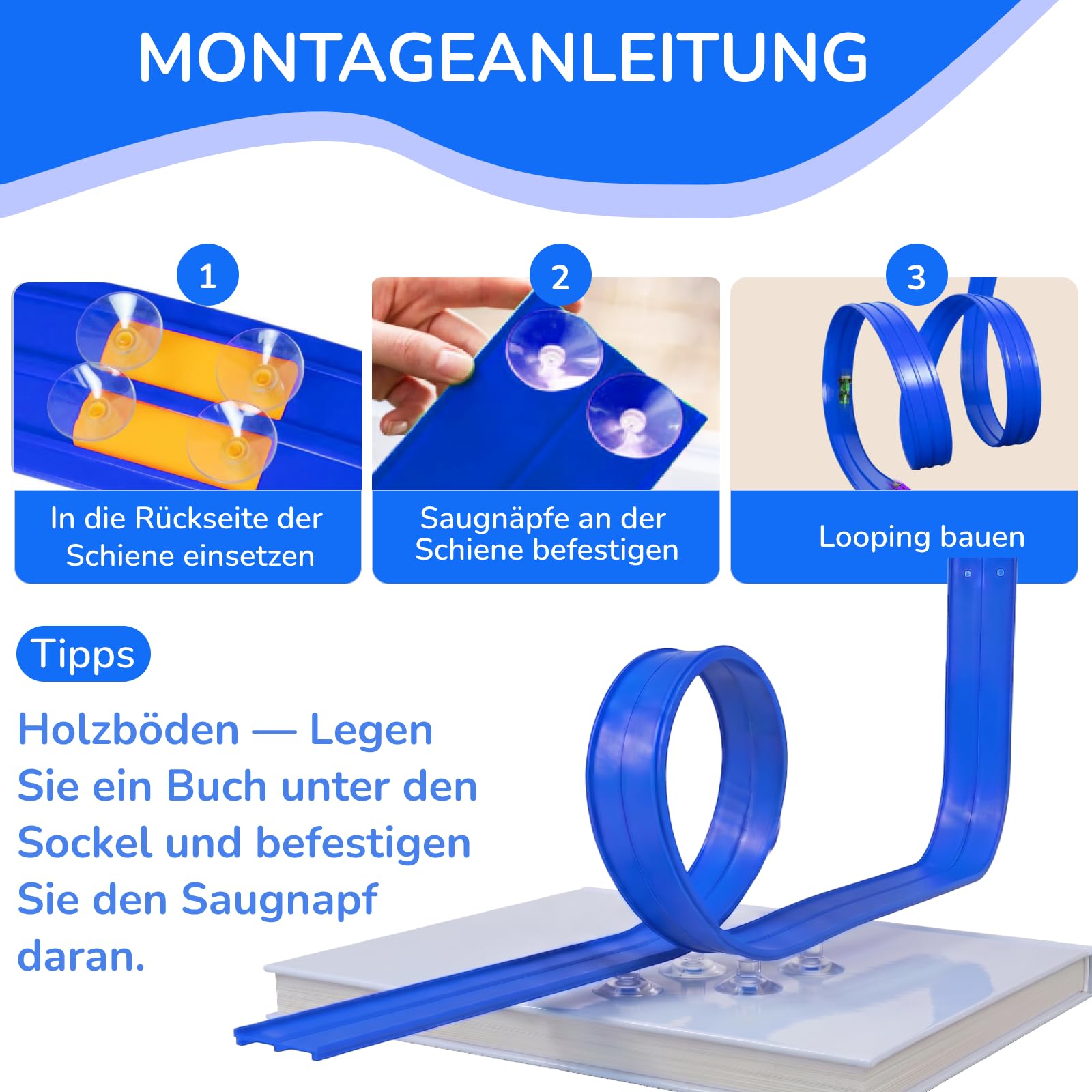 Autorennbahn Flexible Rennstrecke mit 4 Autos & Tragtasche – Soft Rennbahn Spielzeug für Kinder ab 3 4 5 6 Jahre, Rollt Auf Tragbare Autobahn Geschenk für Indoor/Outdoor, Blau
