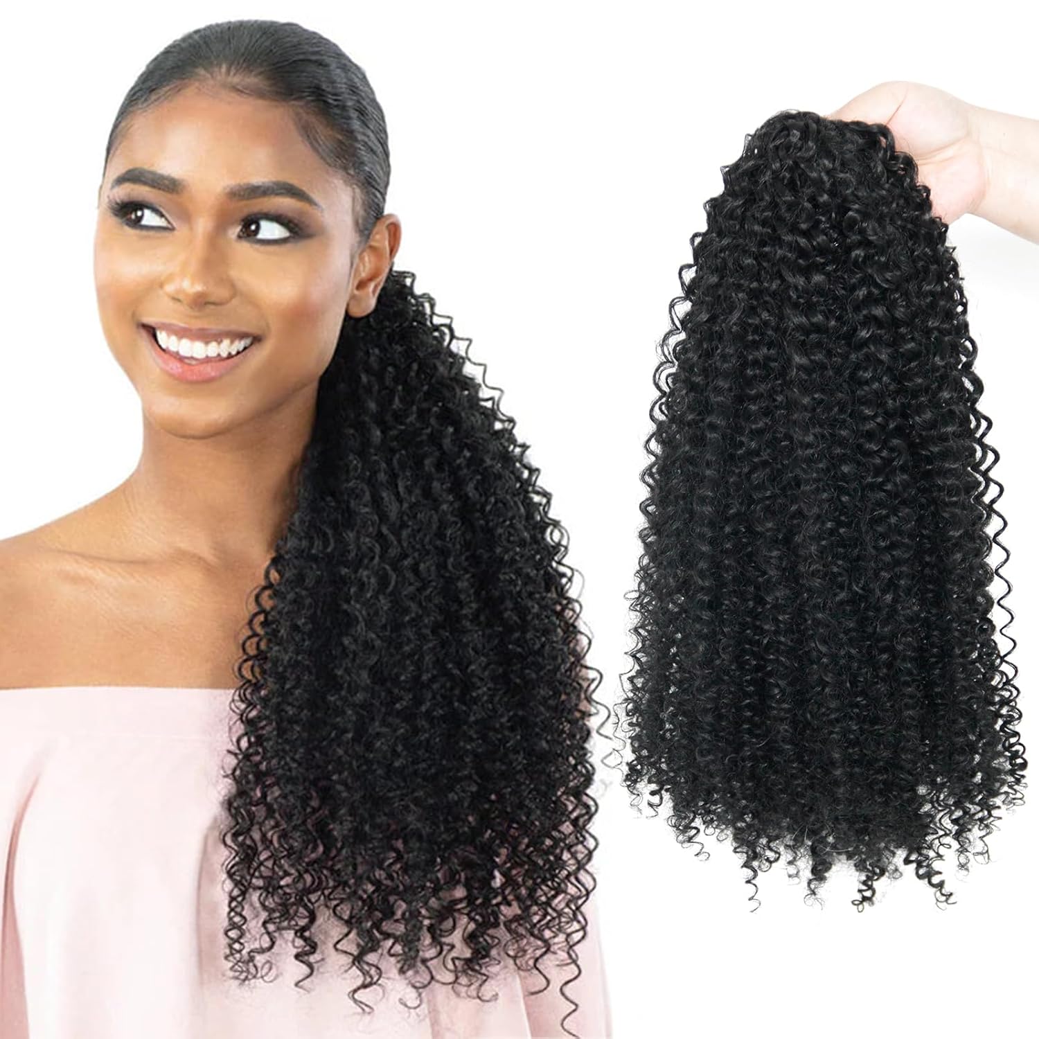 Kinky Curly Drawstring Ponytail 1B Off Black Afro Curl Synthetic Fiber Clip In Ponytail for Women Thick Coily Curls Natural Looking Hairpiece 18 Inch
