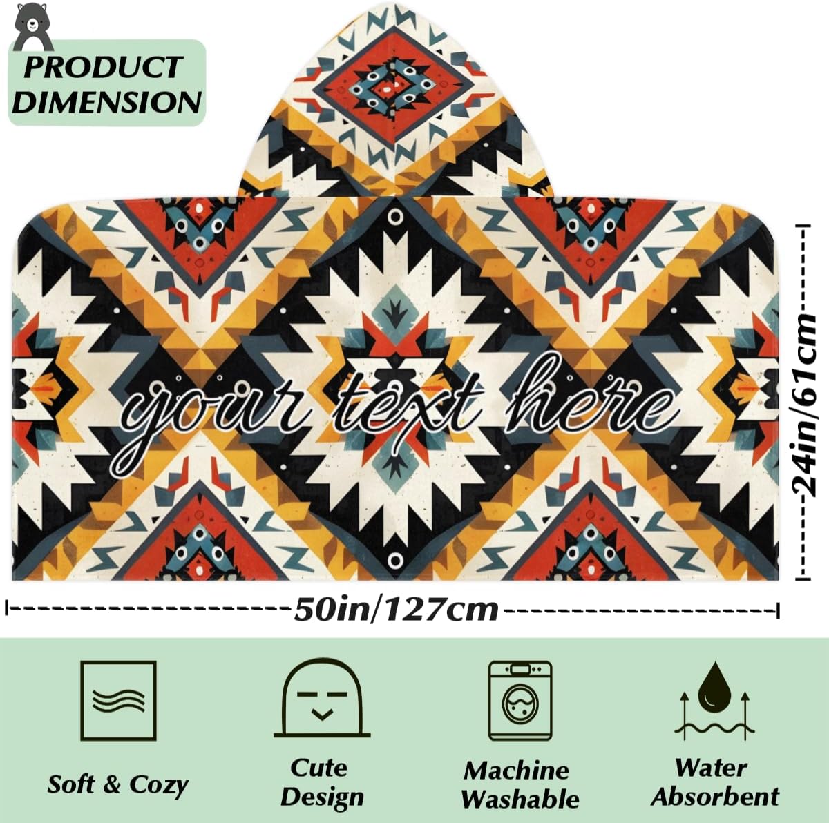 Aztec Abstract Geometric Ethnic Personalized Kids Beach Towel for Boys Girls, Custom Name Hooded Bath Towel Quick Dry Absorbent Beach Blanket Pool Swimming Towels