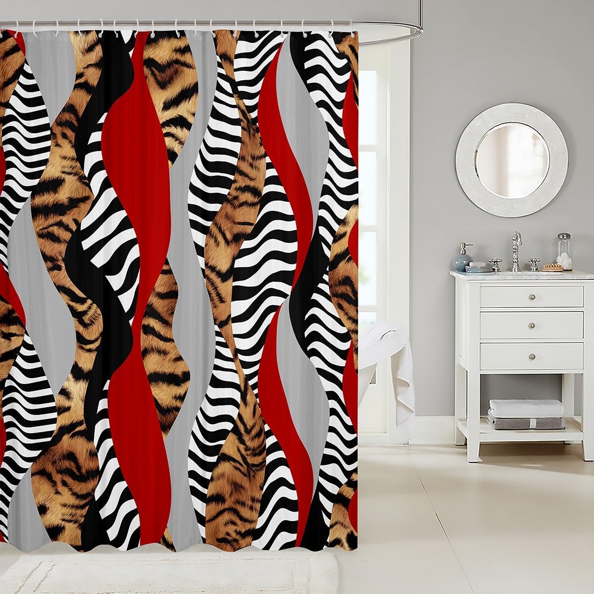 Feelyou Tiger Shower Curtain 72"x78" Kids Zebra Bathroom Shower Curtain Set for Boys Girls Teens Geometric Bath Curtain Animal Print Bathroom Accessories Cow Fur