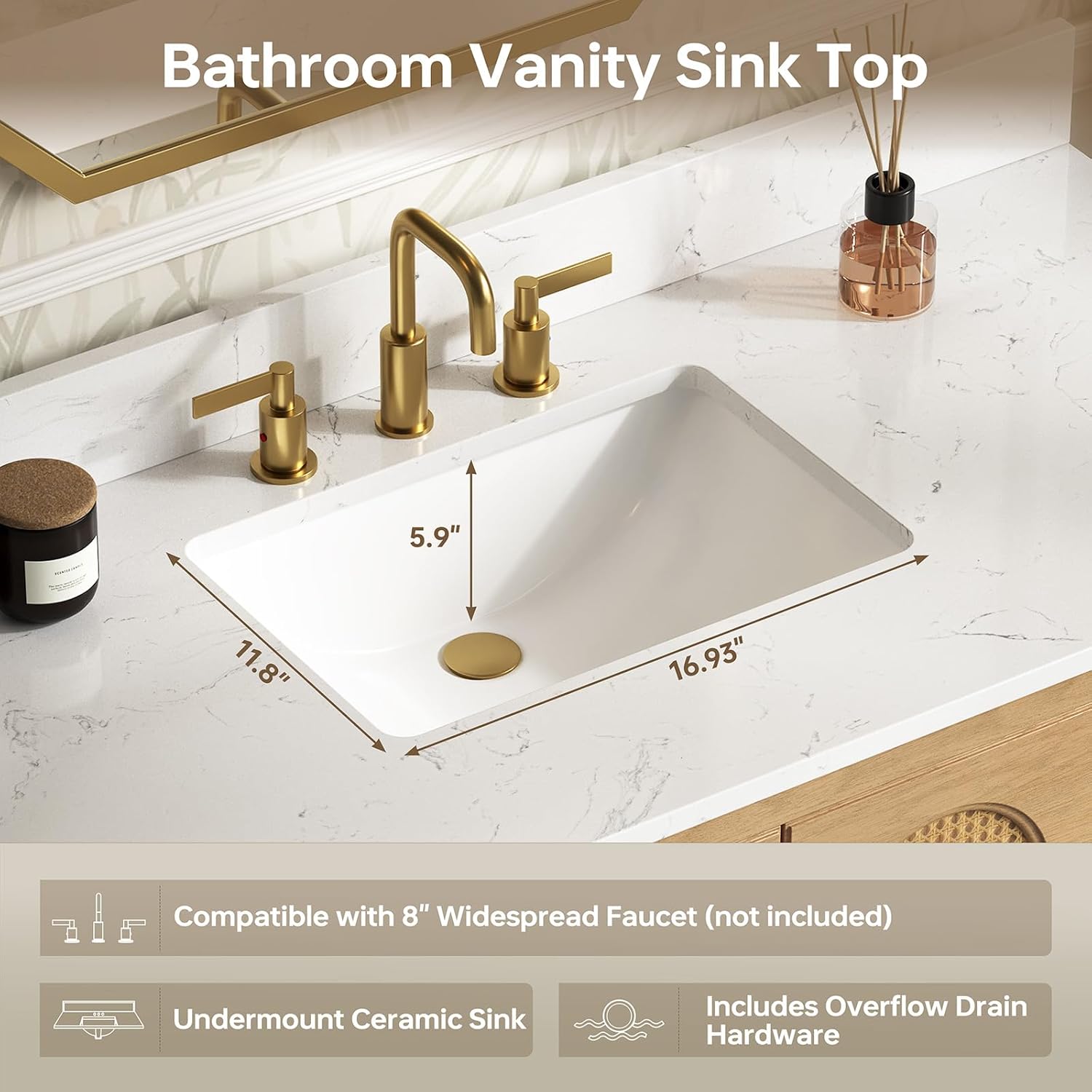 48 Inch Bathroom Vanity with Sink, Rattan Woven Bathroom Cabinet with Countertop & Backsplash Fully-Assembled, Solid Wood Vanity with Soft Closing Doors & Ceramic Sink, Light Oak