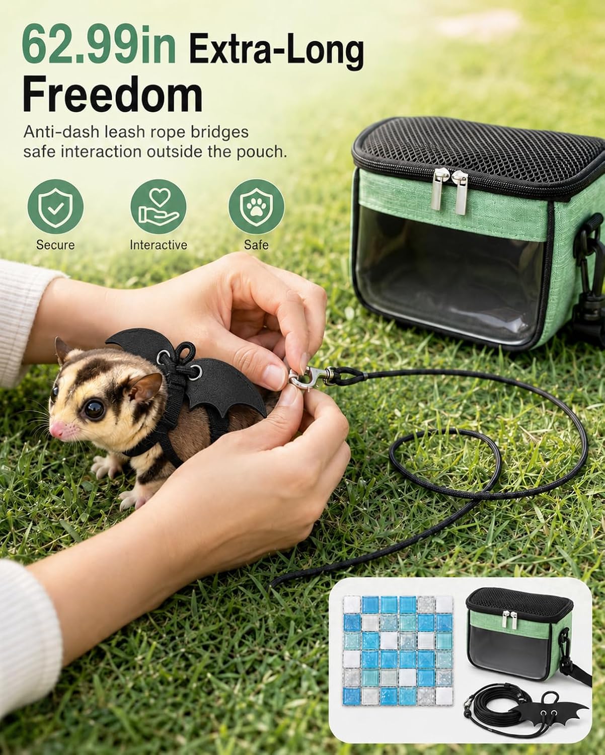 Hamster Carrier Bag Small Animal Travel Outgoing Case | with Split Crystal Cooling Pad ,62.99in Leash for Hamster Sugar Glider, Portable Breathable Small Pet Pouch