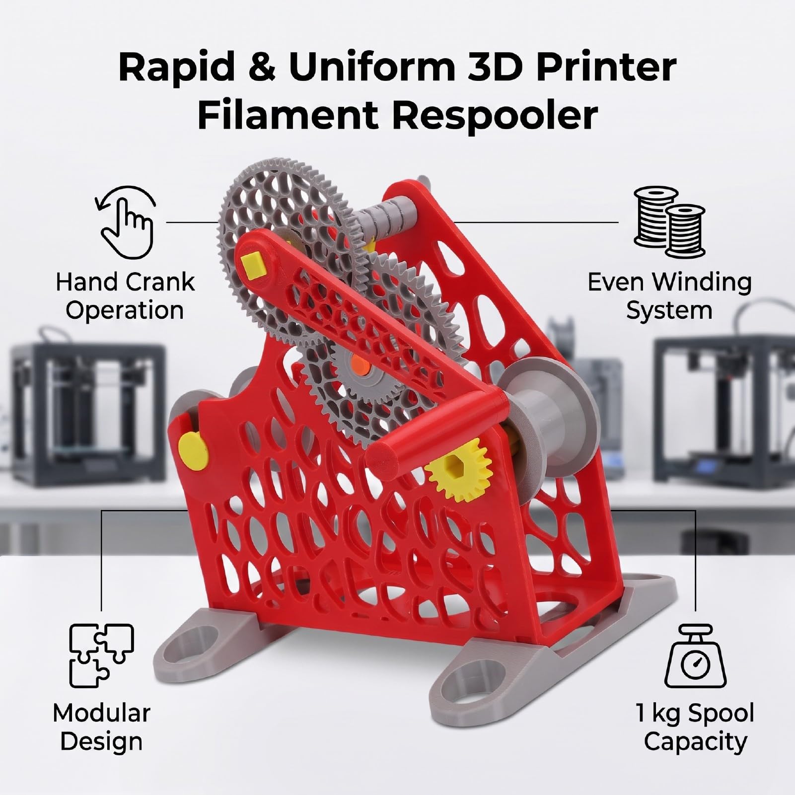 Ręczna Zwijarka do Filamentu 1 Kg do Druku 3D, Czerwona | Wymienny modułowy nawijacz szpul filamentowych, maszyna do przewijania filamentu 3D, łatwe nawijanie do druku, przenośny