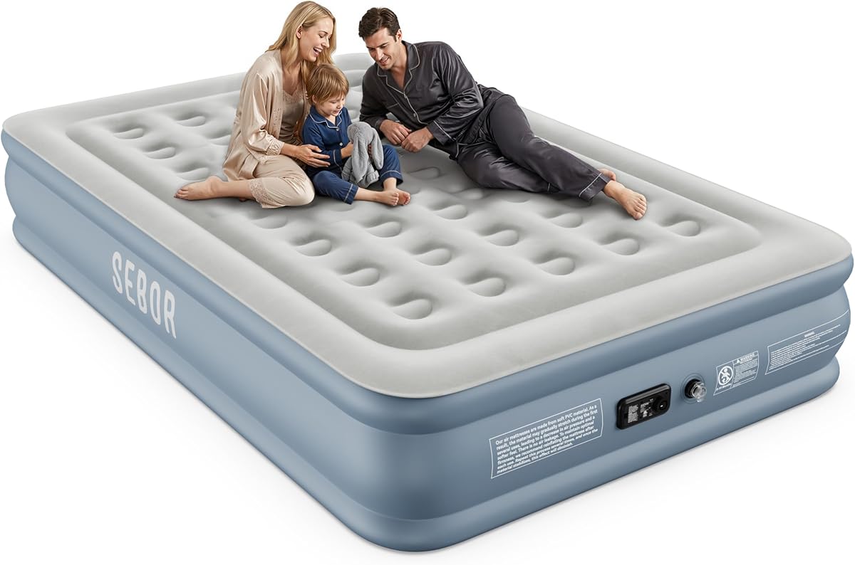 Sebor Air Mattress Queen with Built-in Pump 13", Comfortable Self-Inflating Blow up Mattress with High-Speed Pump, Durable Queen Size Air Mattress with Storage Bag for Guests, Moving, Camping, Travel