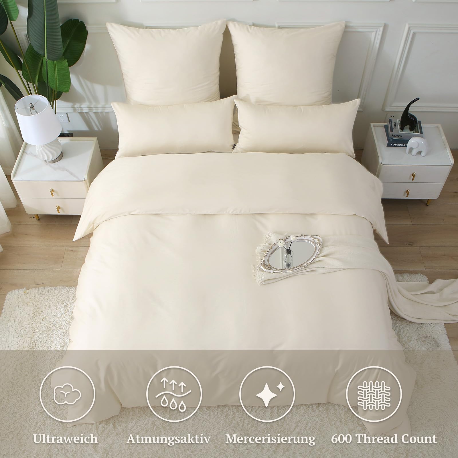 MILDLY Satin Bettwäsche 200x200 Baumwolle,Seidig Luxus Bettzeug,Beige | 100% Langstapelige Baumwolle Seidig Luxus Bettzeug, ÖkoTex Zertifiziert, 1 Bettbezug 200x200 & 2 Kissenbezug 80x80