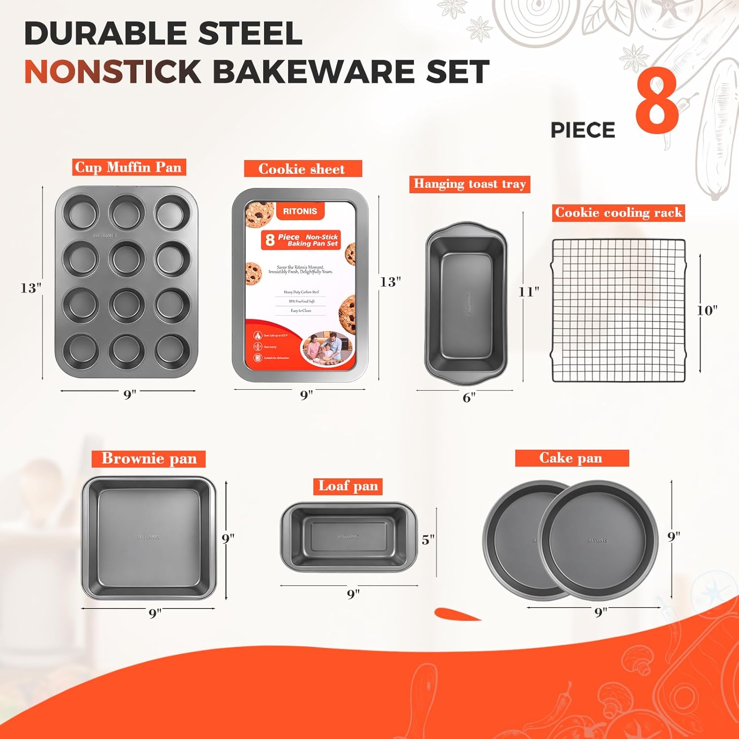8-Piece Baking Pan Set, Non-stick Stacker Non-Toxic Oven Pan Set for Cooking, Includes Round/Square Cake Pan, Bread Pan, Muffin Pan, Cookie Sheet,cooling rack，with One Baking Glove